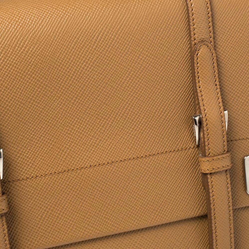Prada Tan Saffiano Cuir Leather Double Turn Lock Top Handle Bag 4