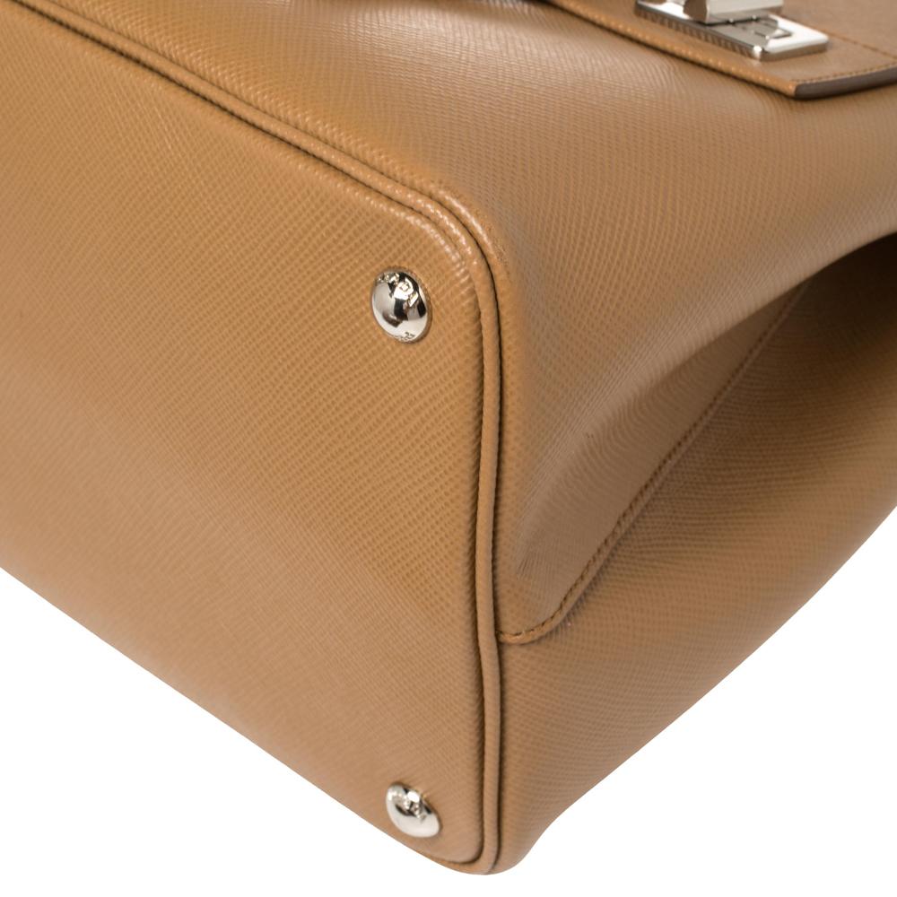 Prada Tan Saffiano Cuir Leather Double Turn Lock Top Handle Bag In Good Condition In Dubai, Al Qouz 2