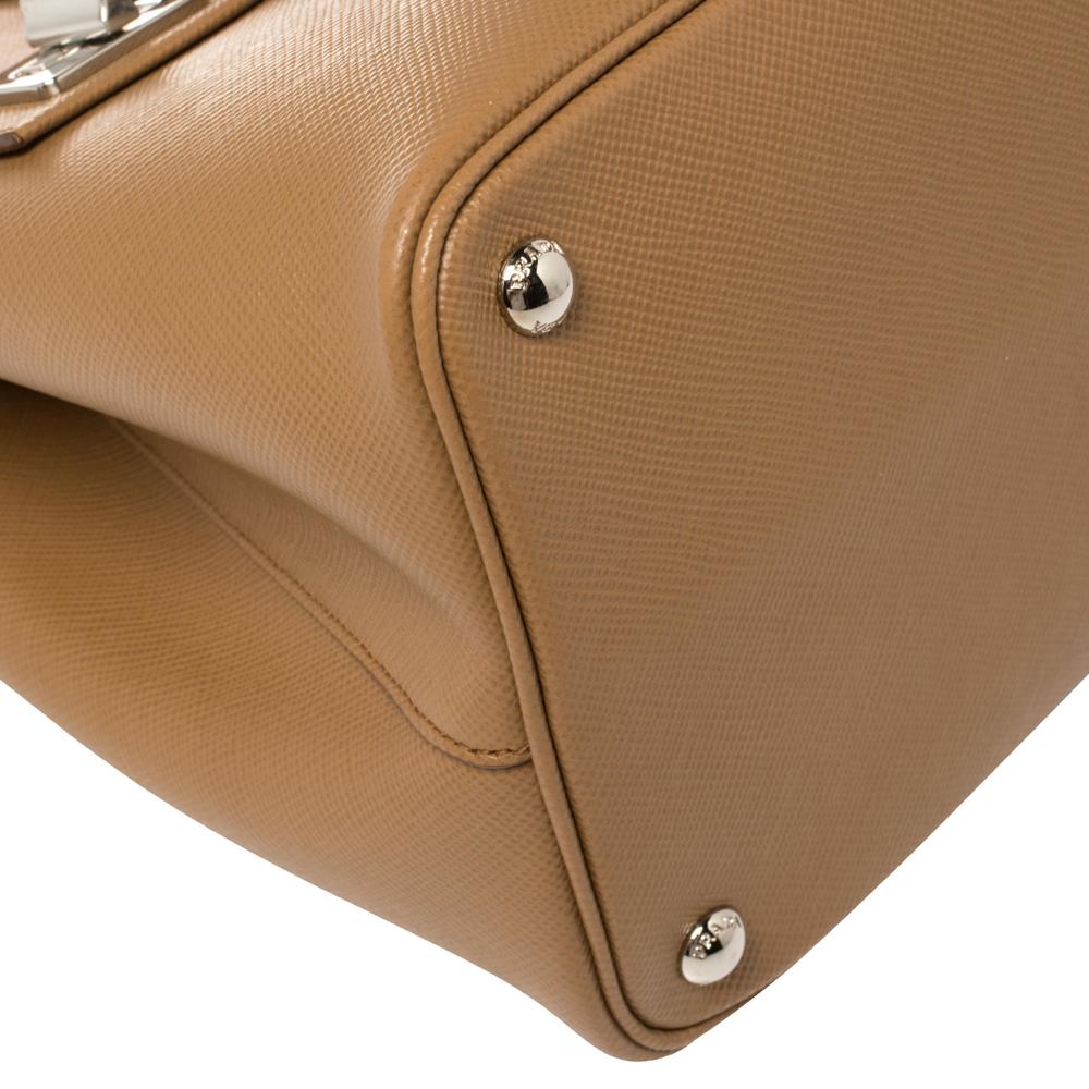 Women's Prada Tan Saffiano Cuir Leather Double Turn Lock Top Handle Bag