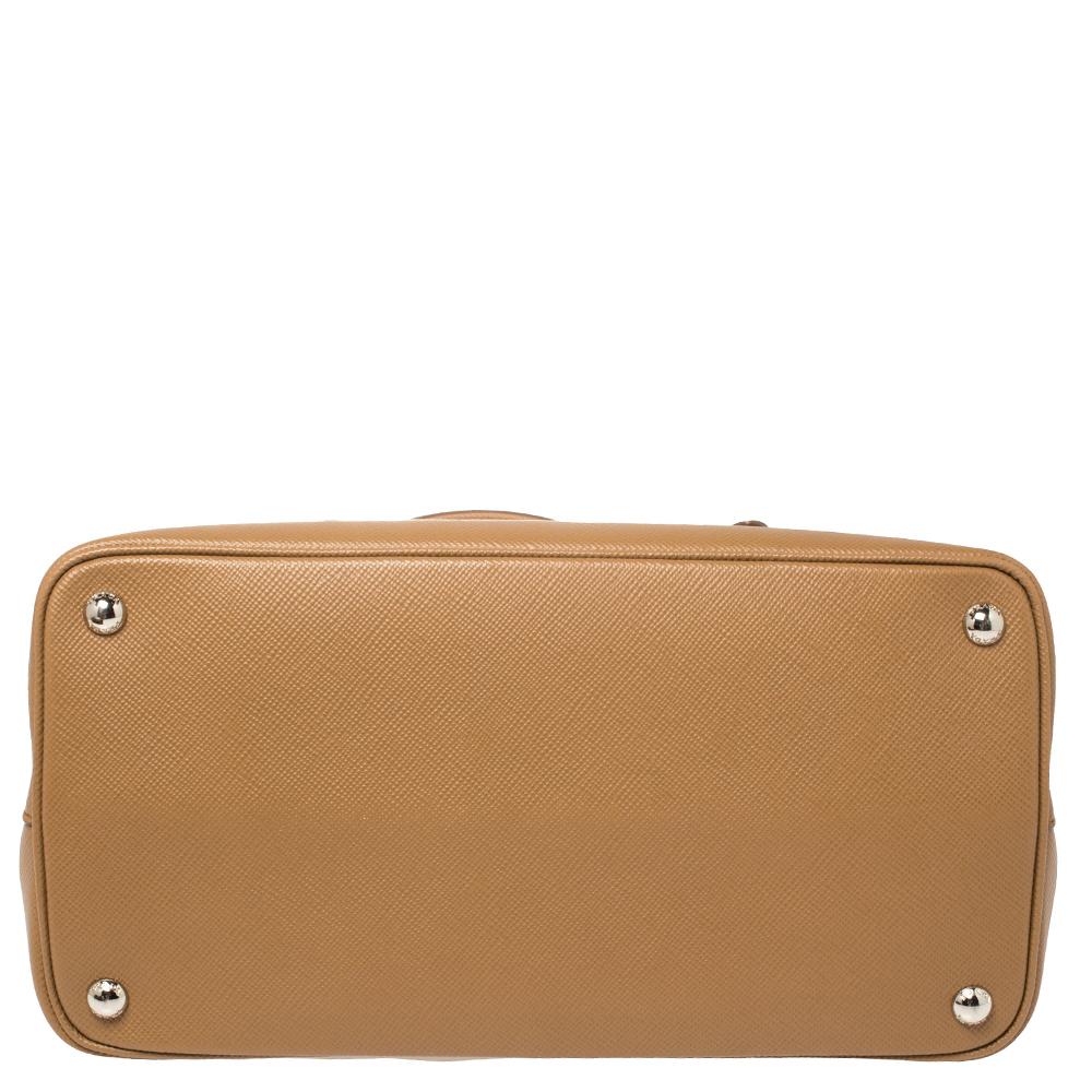Prada Tan Saffiano Cuir Leather Double Turn Lock Top Handle Bag 1