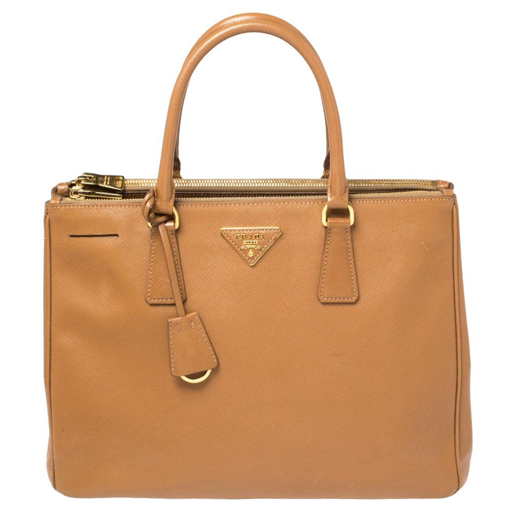 Prada Tan Saffiano Lux Leather Medium Galleria Double Zip Tote at 1stDibs