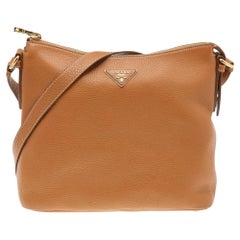 Prada Tan Vitello Leather Top Zip Shoulder Bag