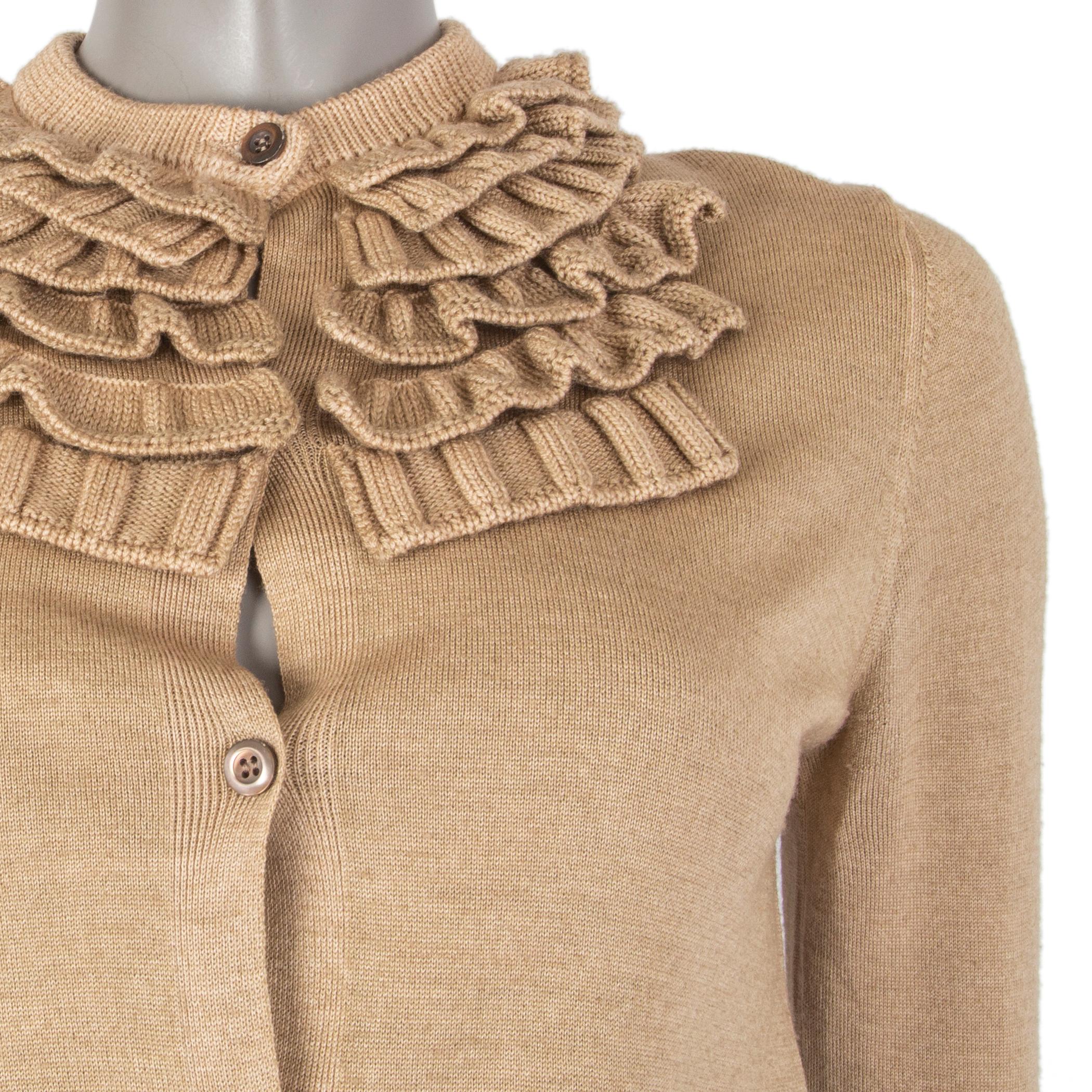 Brown PRADA tan wool & silk RUFFLED NECK Cardigan Sweater 40 S For Sale