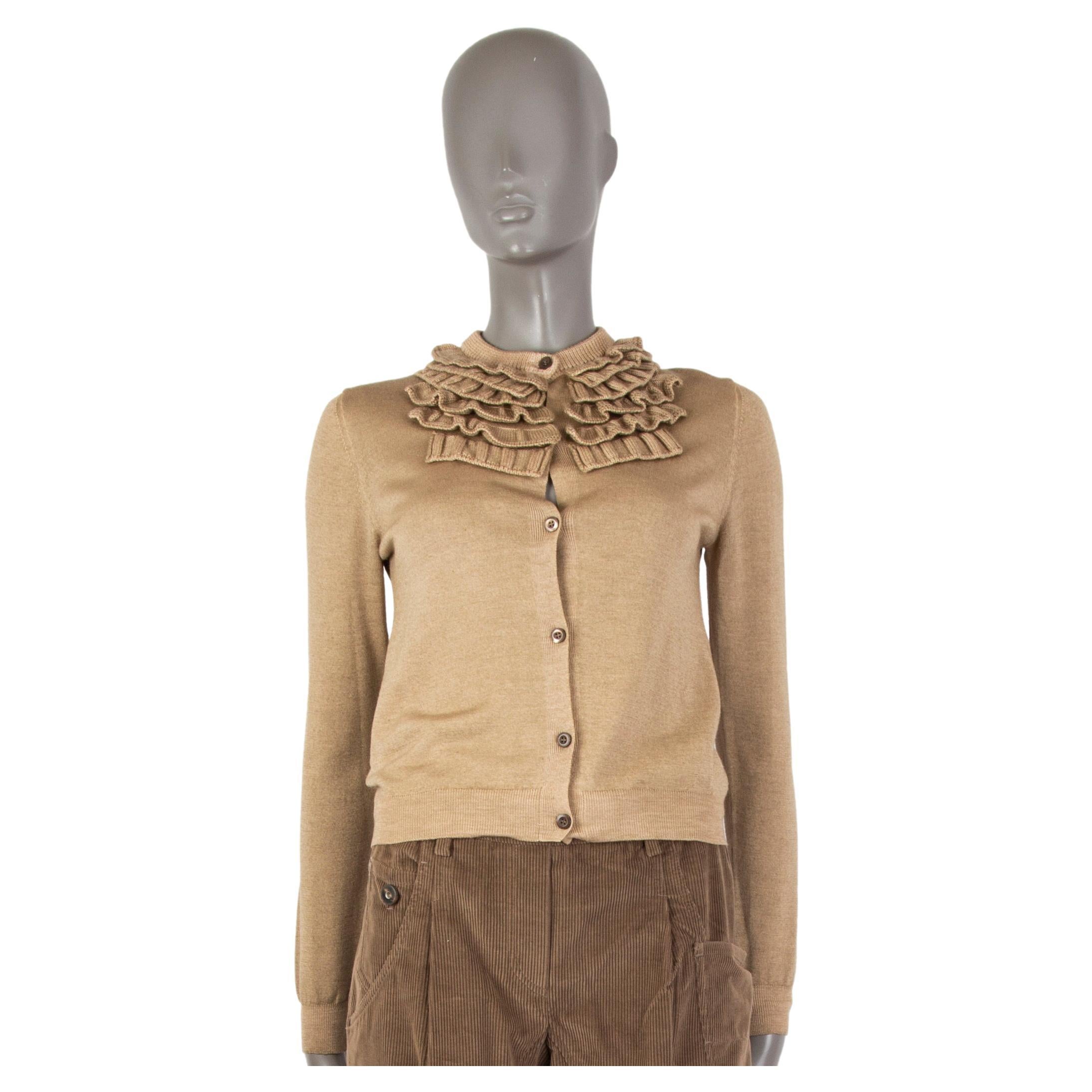 PRADA tan wool & silk RUFFLED NECK Cardigan Sweater 40 S