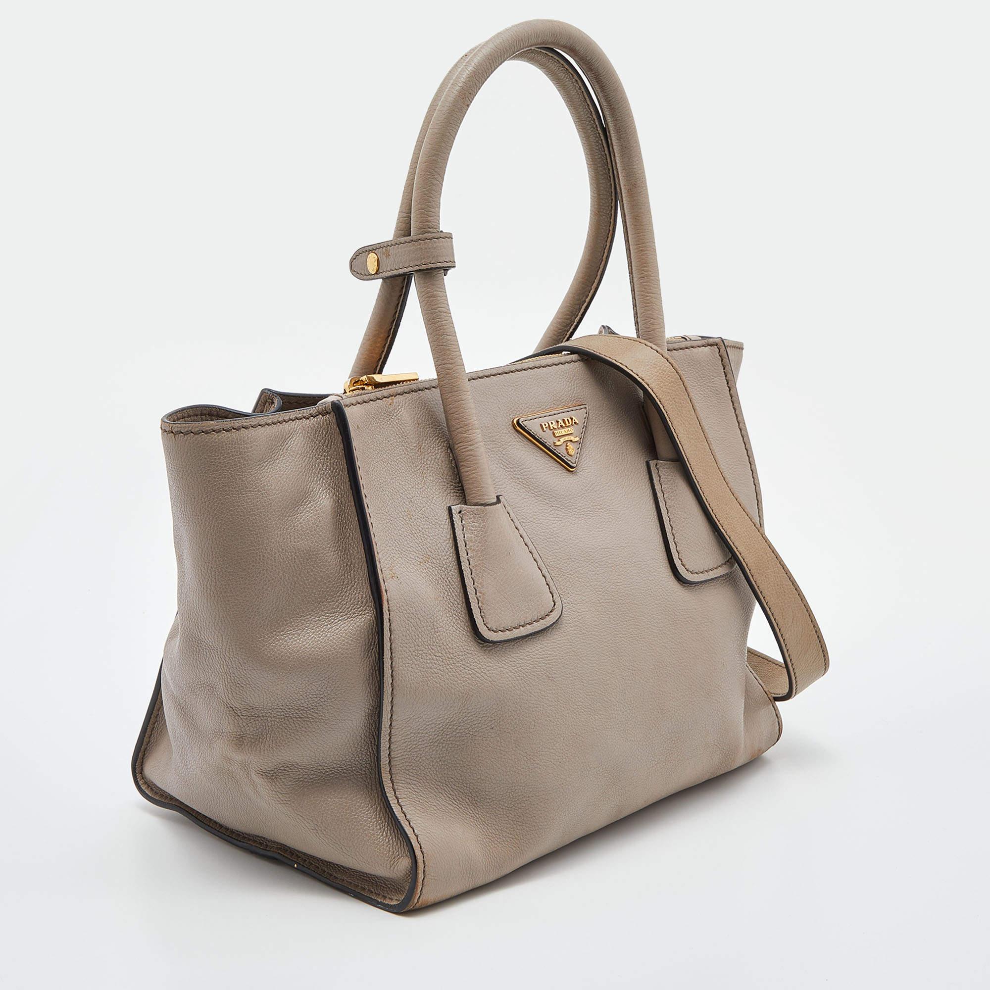 Women's Prada Taupe Glace Leather Twin Pocket Tote