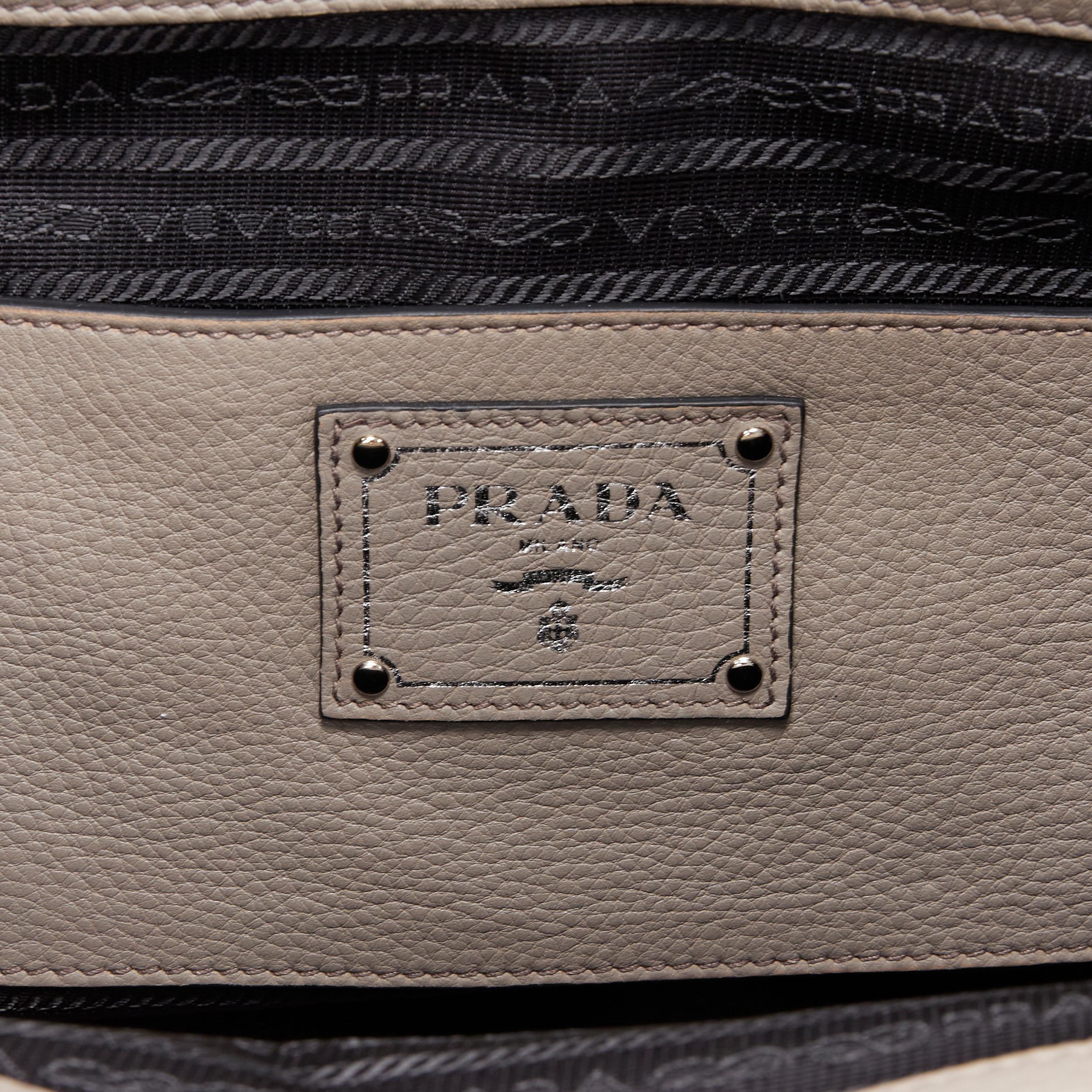 PRADA taupe grey grained leather triangle logo crossbody strap small tote bag 4