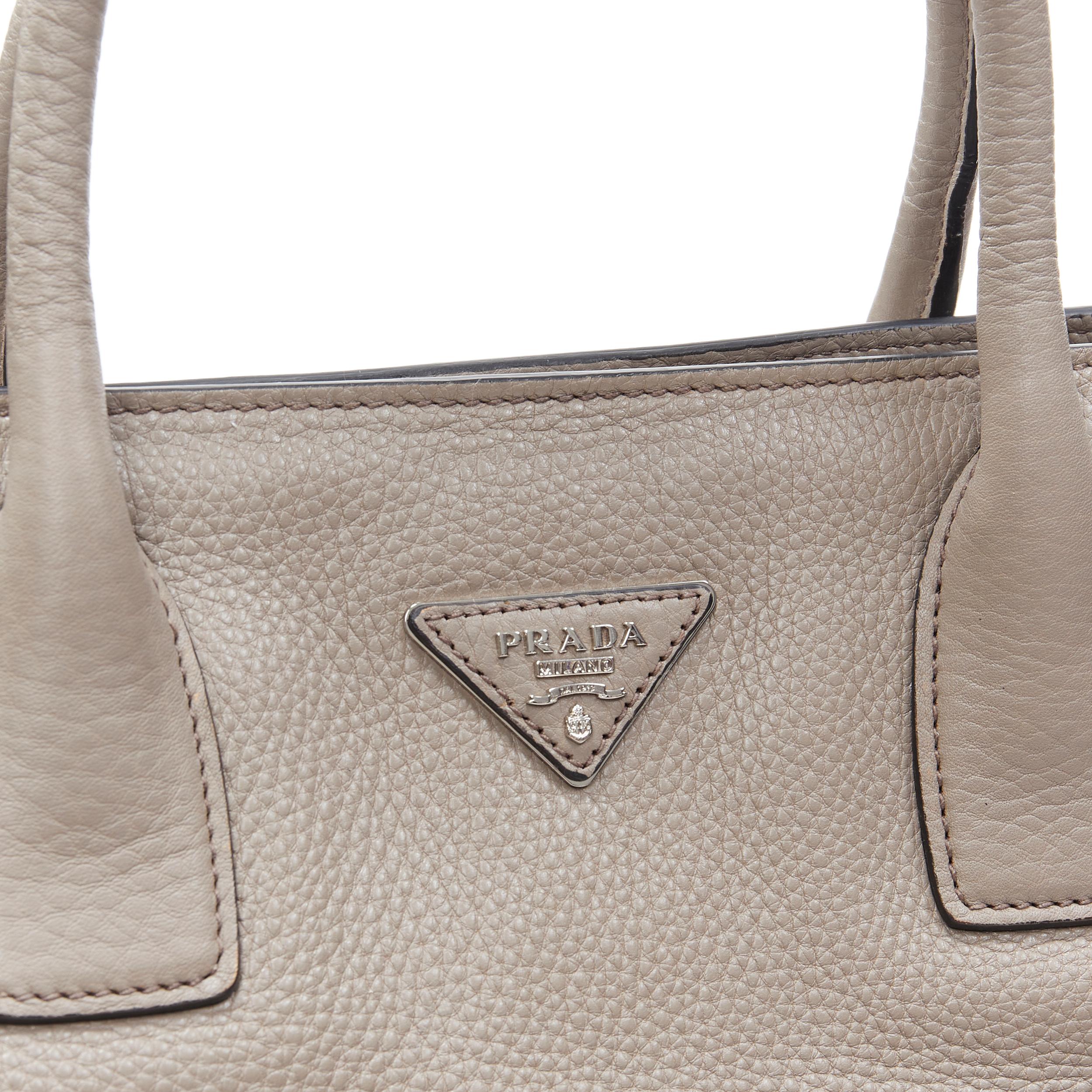 PRADA taupe grey grained leather triangle logo crossbody strap small tote bag In Excellent Condition In Hong Kong, NT