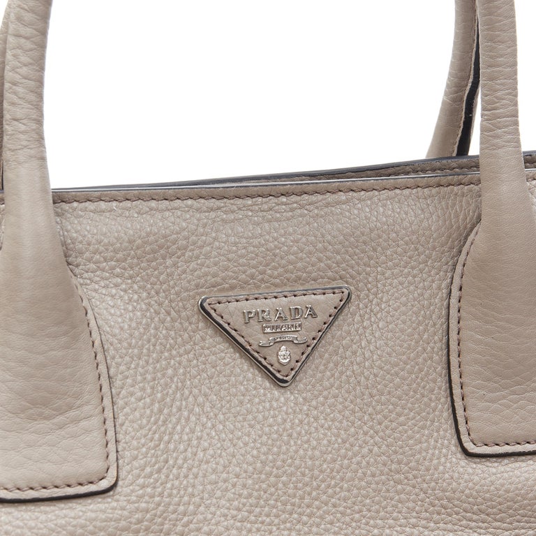 PRADA taupe grey grained leather triangle logo crossbody strap small tote  bag For Sale at 1stDibs