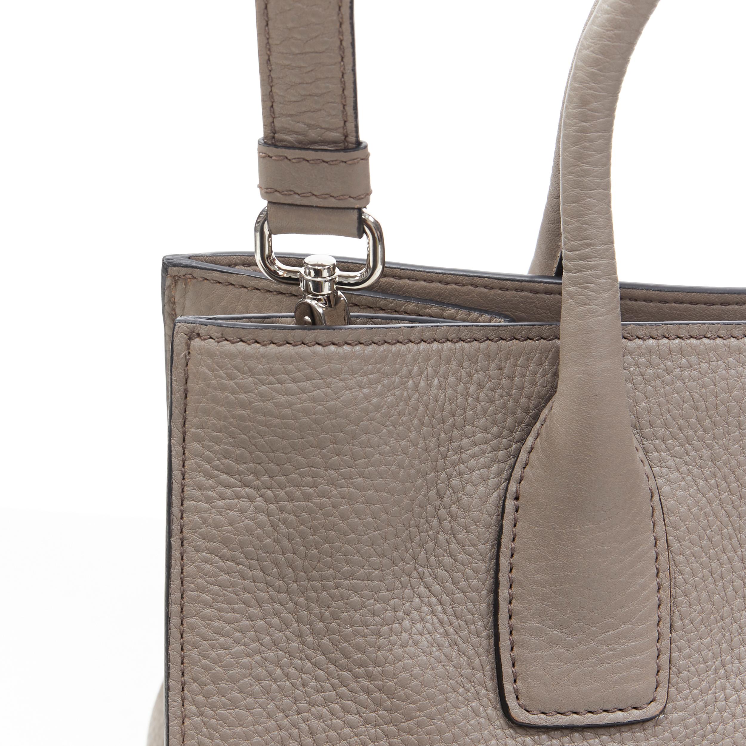 Women's PRADA taupe grey grained leather triangle logo crossbody strap small tote bag