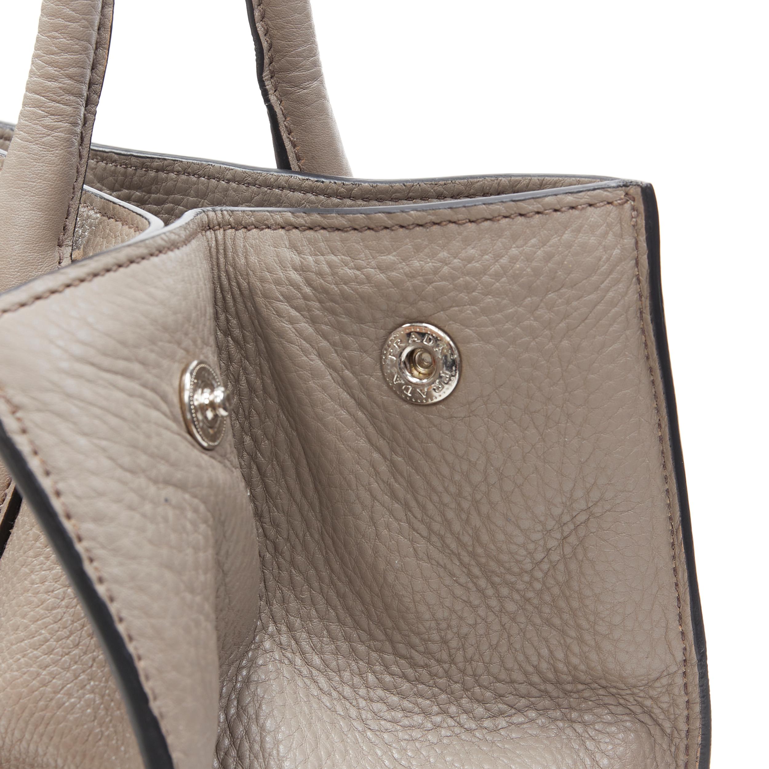 PRADA taupe grey grained leather triangle logo crossbody strap small tote bag 1