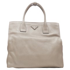 PRADA taupe grey grained leather triangle logo crossbody strap small tote bag