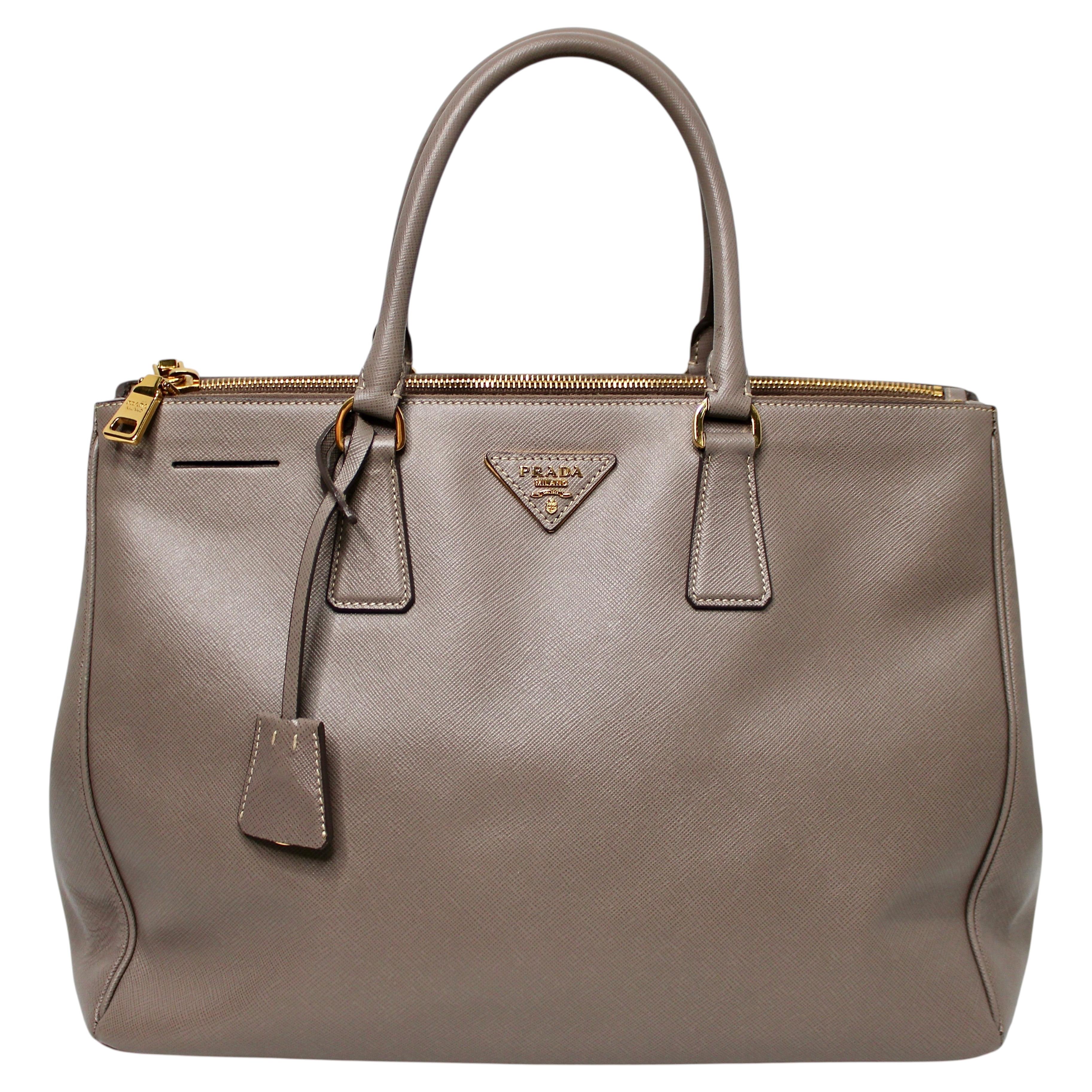 Pre-owned Prada Taupe Saffiano Lux Leather Double-zip Large Galleria Tote Bag In Brown