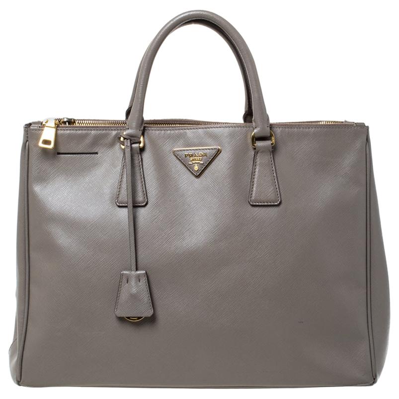 Prada Taupe Saffiano Lux Leather Large Double Zip Tote