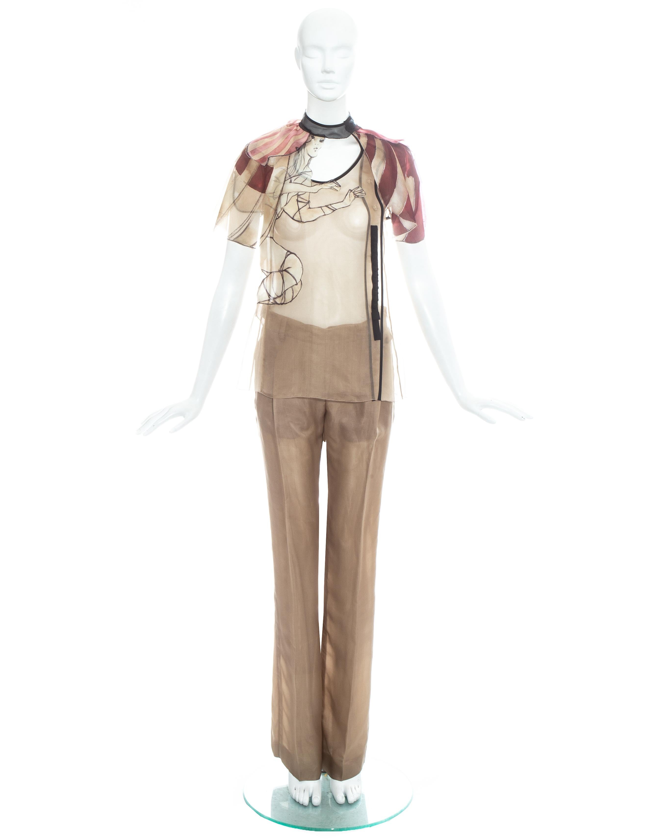 Prada; Taupe silk organza pant suit with printed illustrations by James Jean. Loosely cut transparent blouse with black ribbon trim, choker, fabric button fastenings and caplet. Slim-fit pants with centre pleat and two front pockets.

Spring-Summer