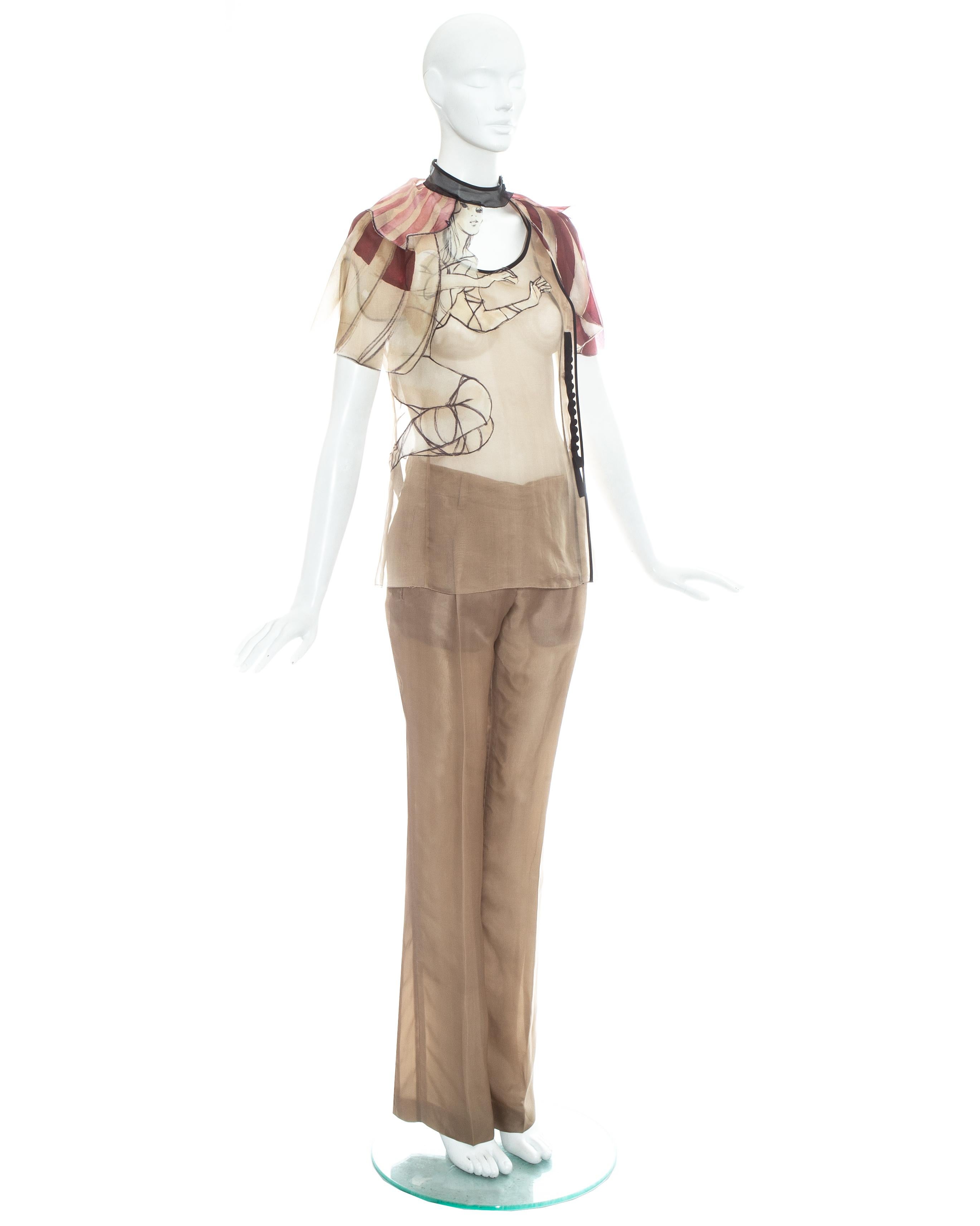 Prada - Chemisier et pantalon en organza de soie taupe avec imprimé fée, printemps-été 2008 Excellent état - En vente à London, GB