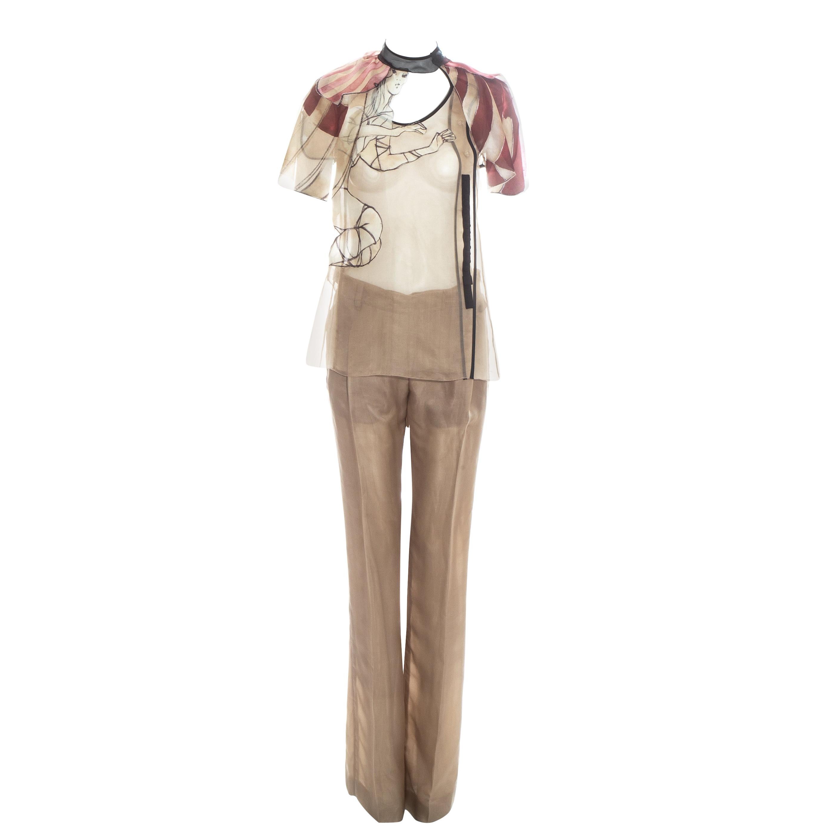 Prada - Chemisier et pantalon en organza de soie taupe avec imprimé fée, printemps-été 2008 en vente
