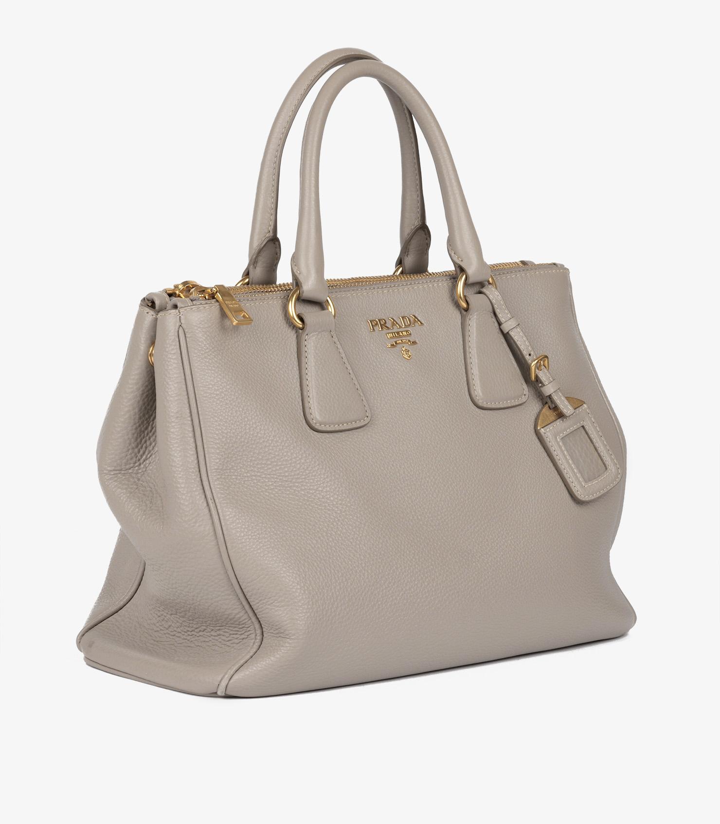 Brown Prada Taupe Vitello Daino Calfskin Leather Double Zip Tote