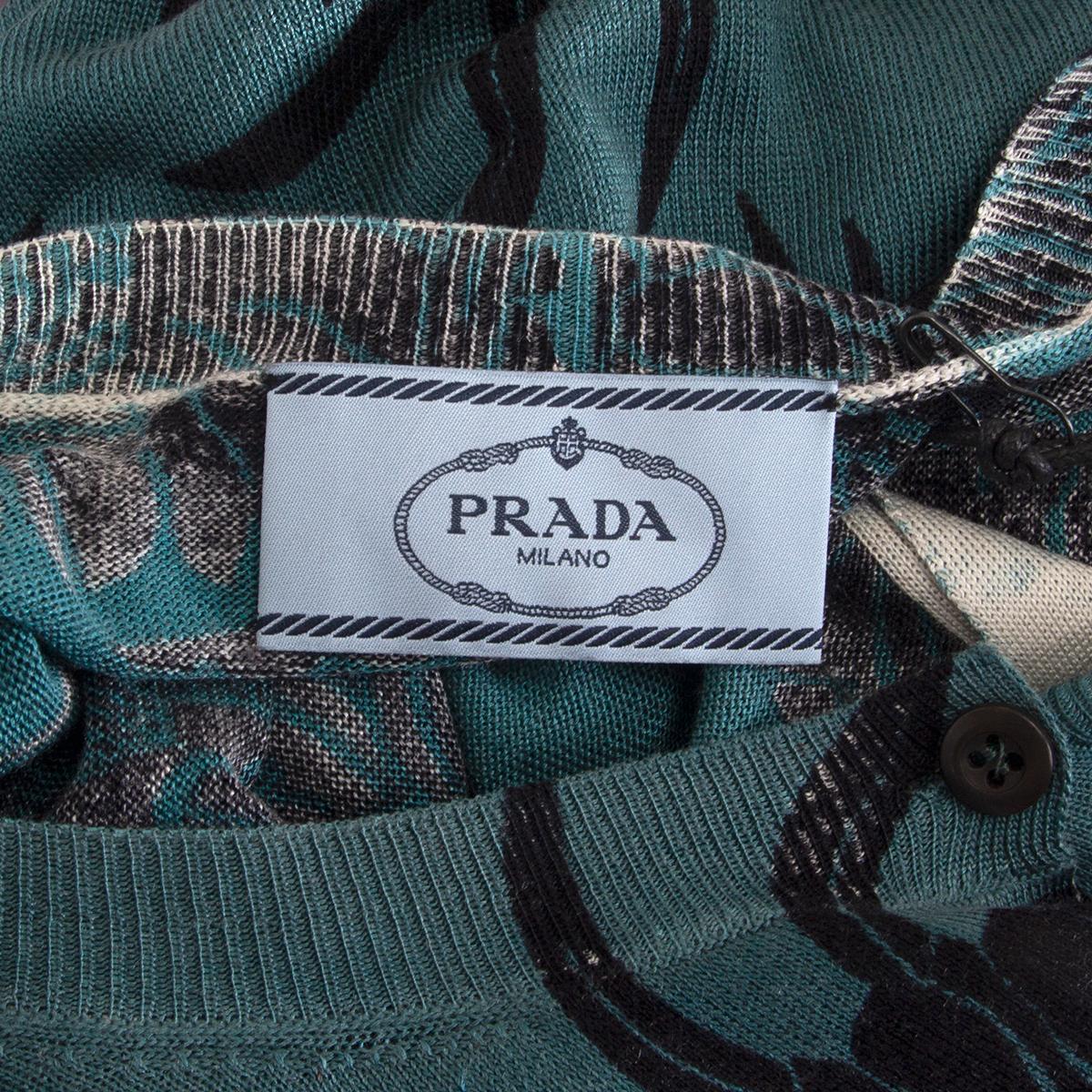 PRADA teal & black silk FLORAL Cardigan Sweater 44 L In Excellent Condition For Sale In Zürich, CH