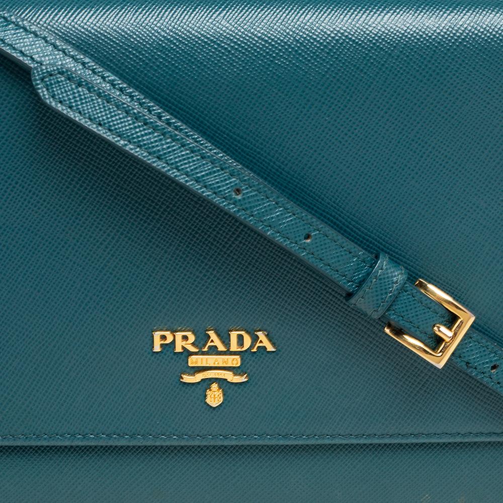 Prada Teal Blue Saffiano Leather Crossbody Bag In Good Condition In Dubai, Al Qouz 2