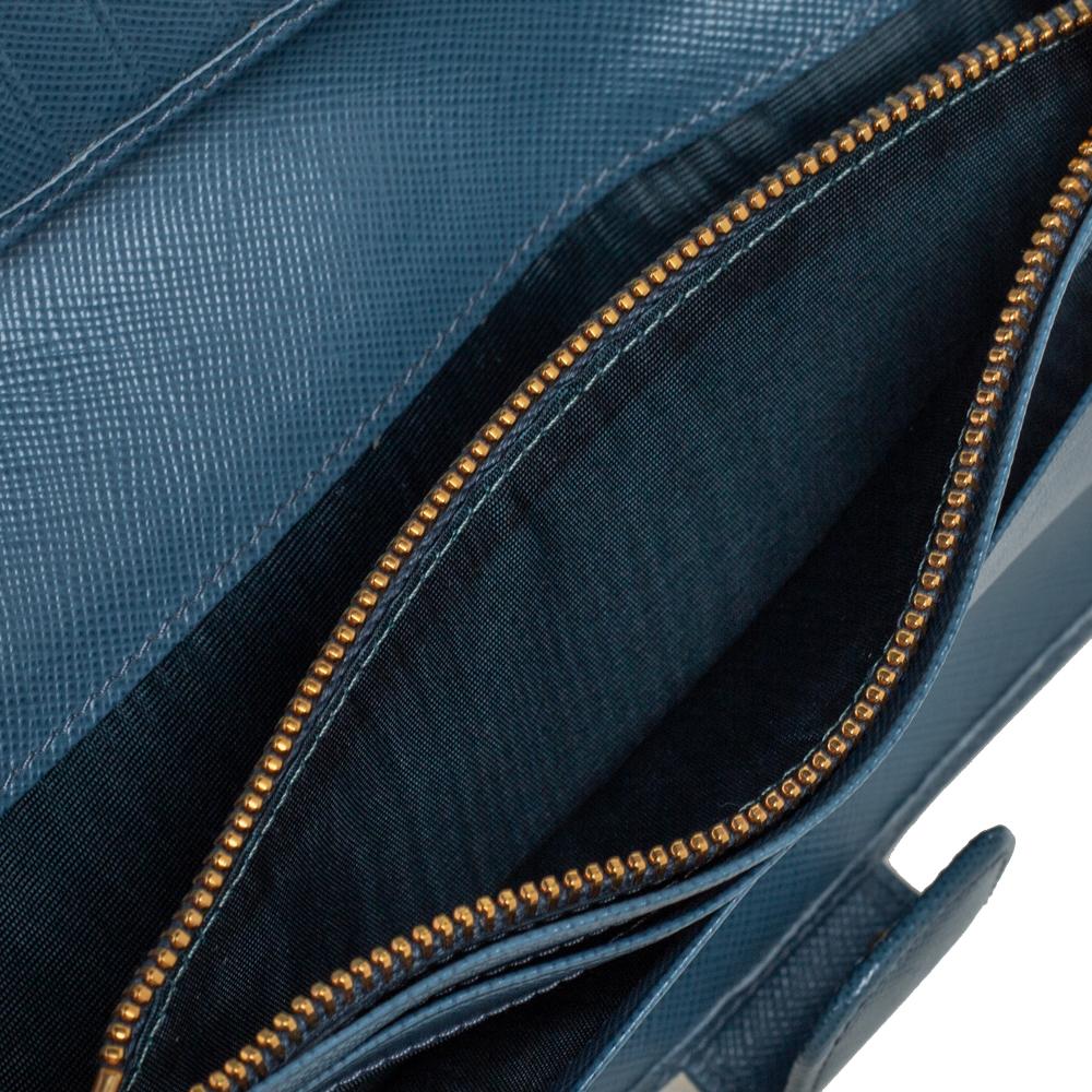 Prada Teal Blue Saffiano Lux Leather Logo Flap Long Wallet 6