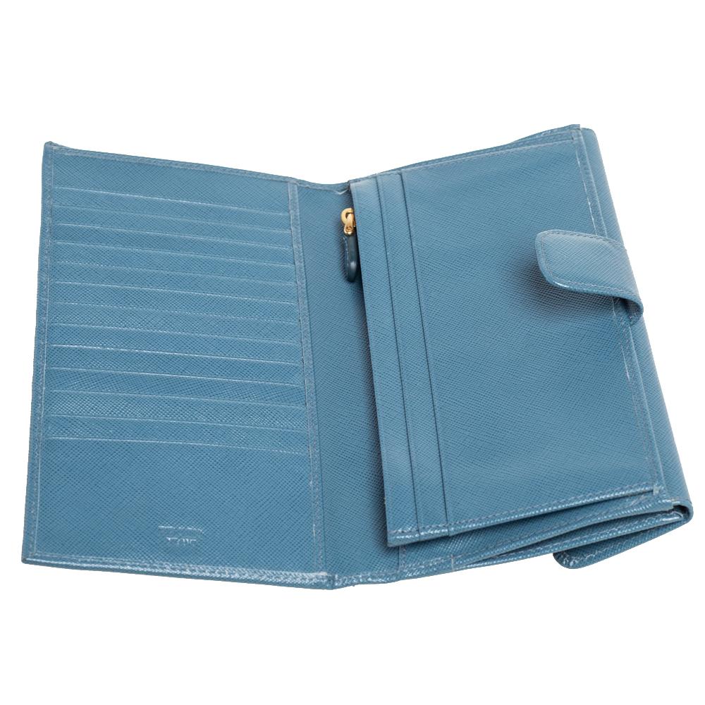 Prada Teal Blue Saffiano Lux Leather Logo Flap Long Wallet 7