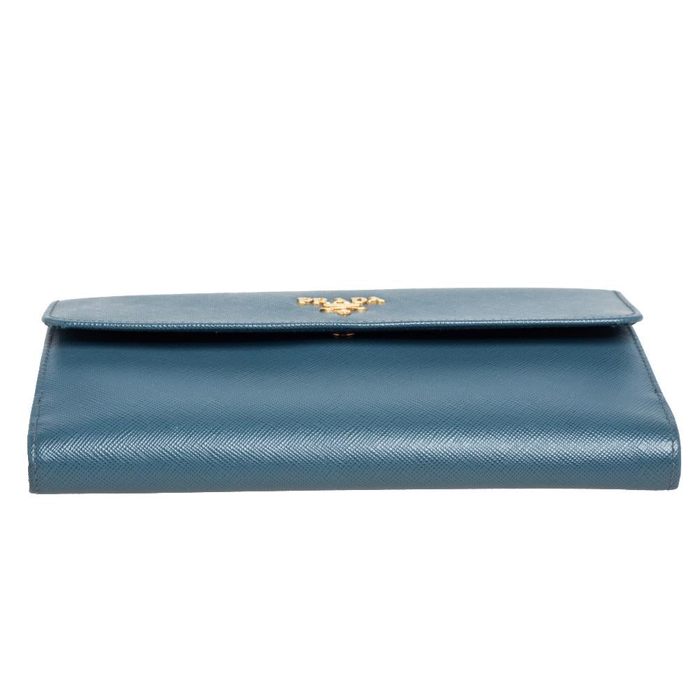 Women's Prada Teal Blue Saffiano Lux Leather Logo Flap Long Wallet