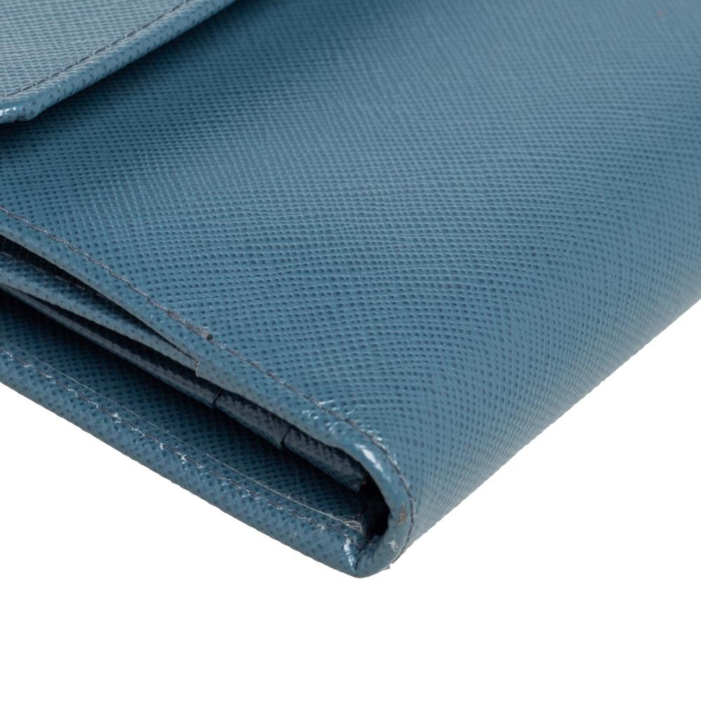 Prada Teal Blue Saffiano Lux Leather Logo Flap Long Wallet 1