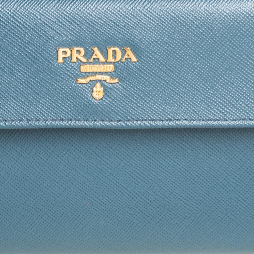 Prada Teal Blue Saffiano Lux Leather Logo Flap Long Wallet 3