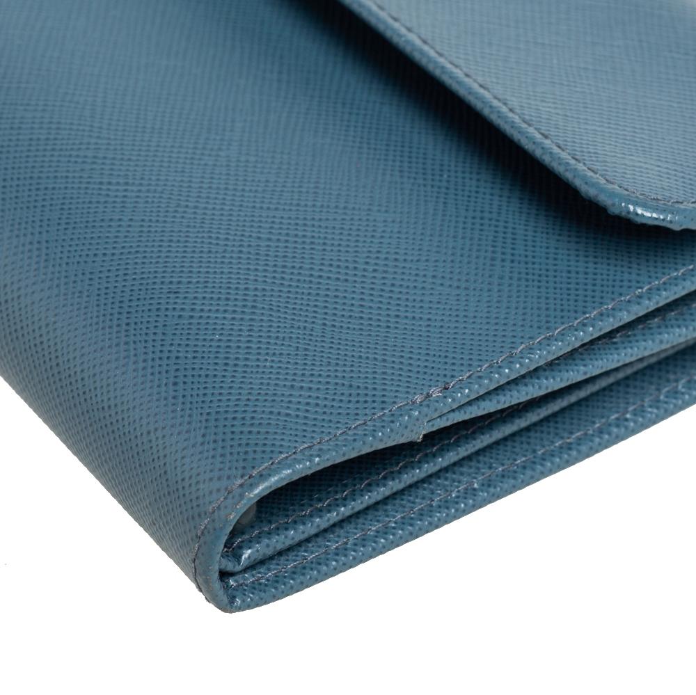 Prada Teal Blue Saffiano Lux Leather Logo Flap Long Wallet 4
