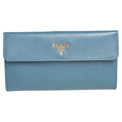 Prada Teal Blue Saffiano Lux Leather Logo Flap Long Wallet