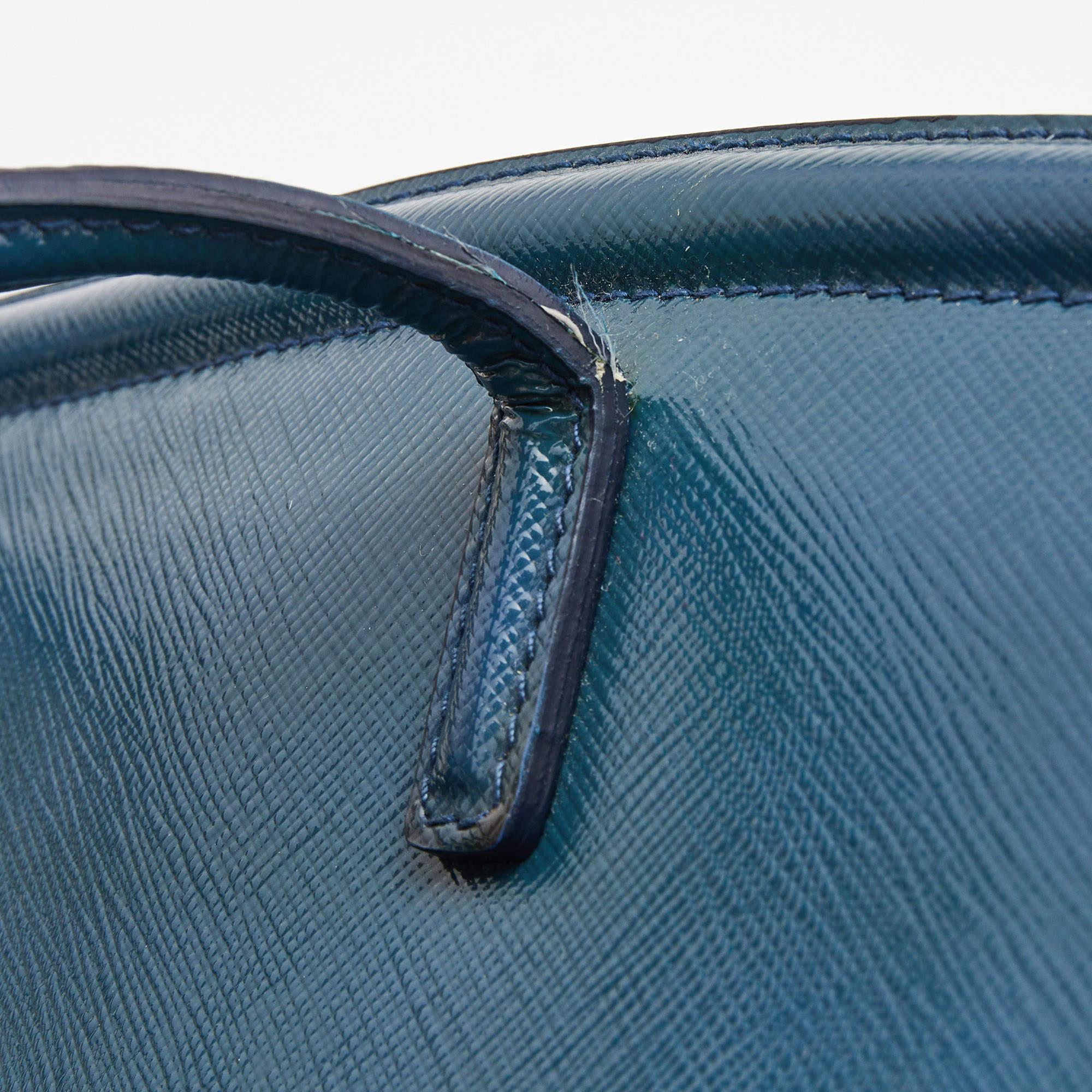 Prada Teal Blue Saffiano Vernice Leather Parabole Tote 10