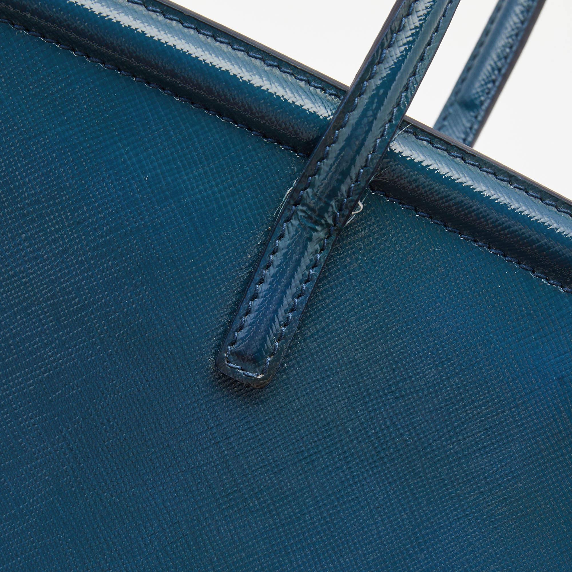 Prada Teal Blue Saffiano Vernice Leather Parabole Tote 11