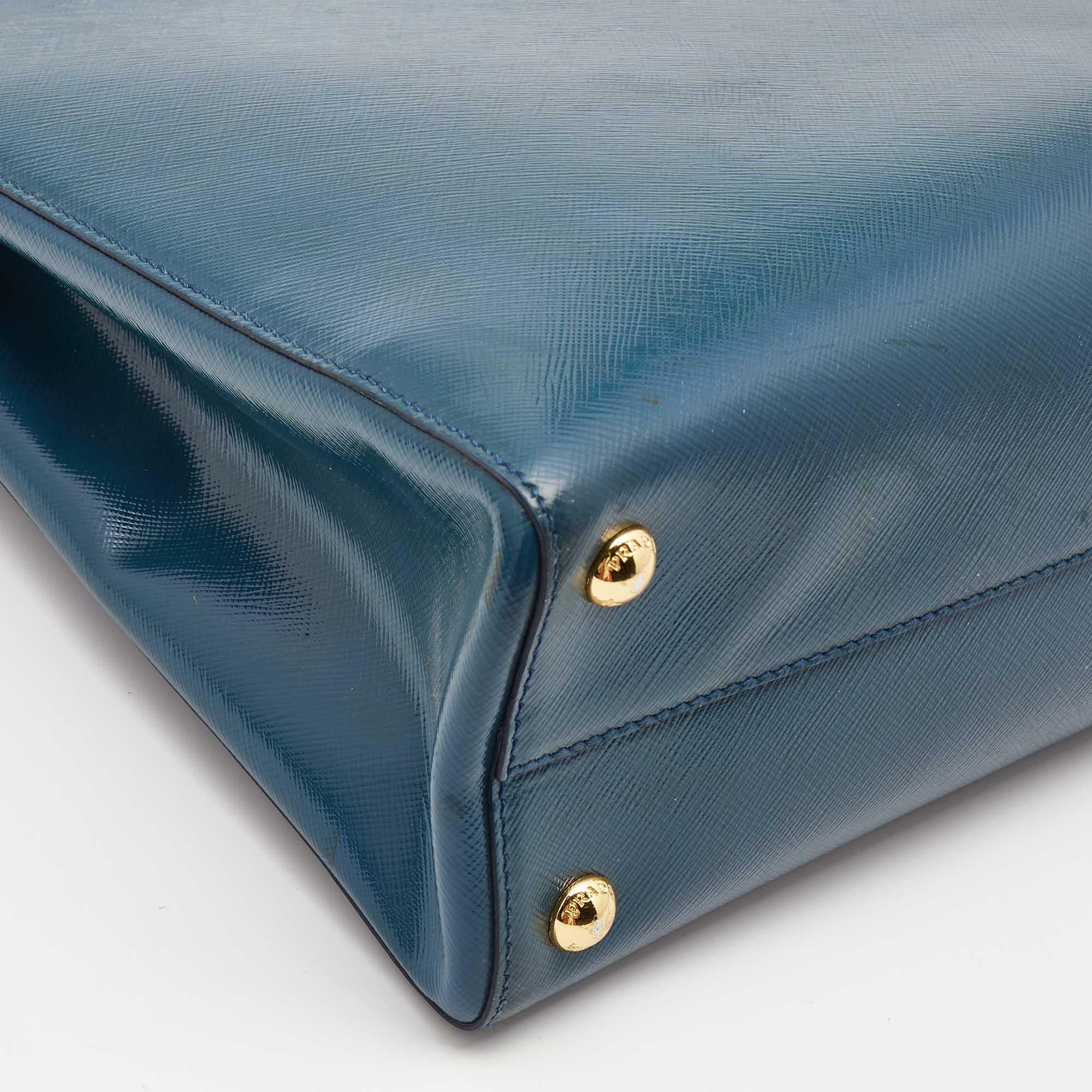 Prada Teal Blue Saffiano Vernice Leather Parabole Tote 15