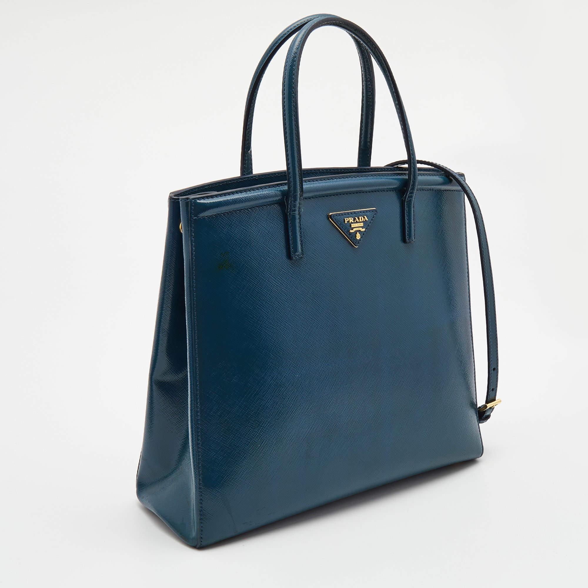 Women's Prada Teal Blue Saffiano Vernice Leather Parabole Tote