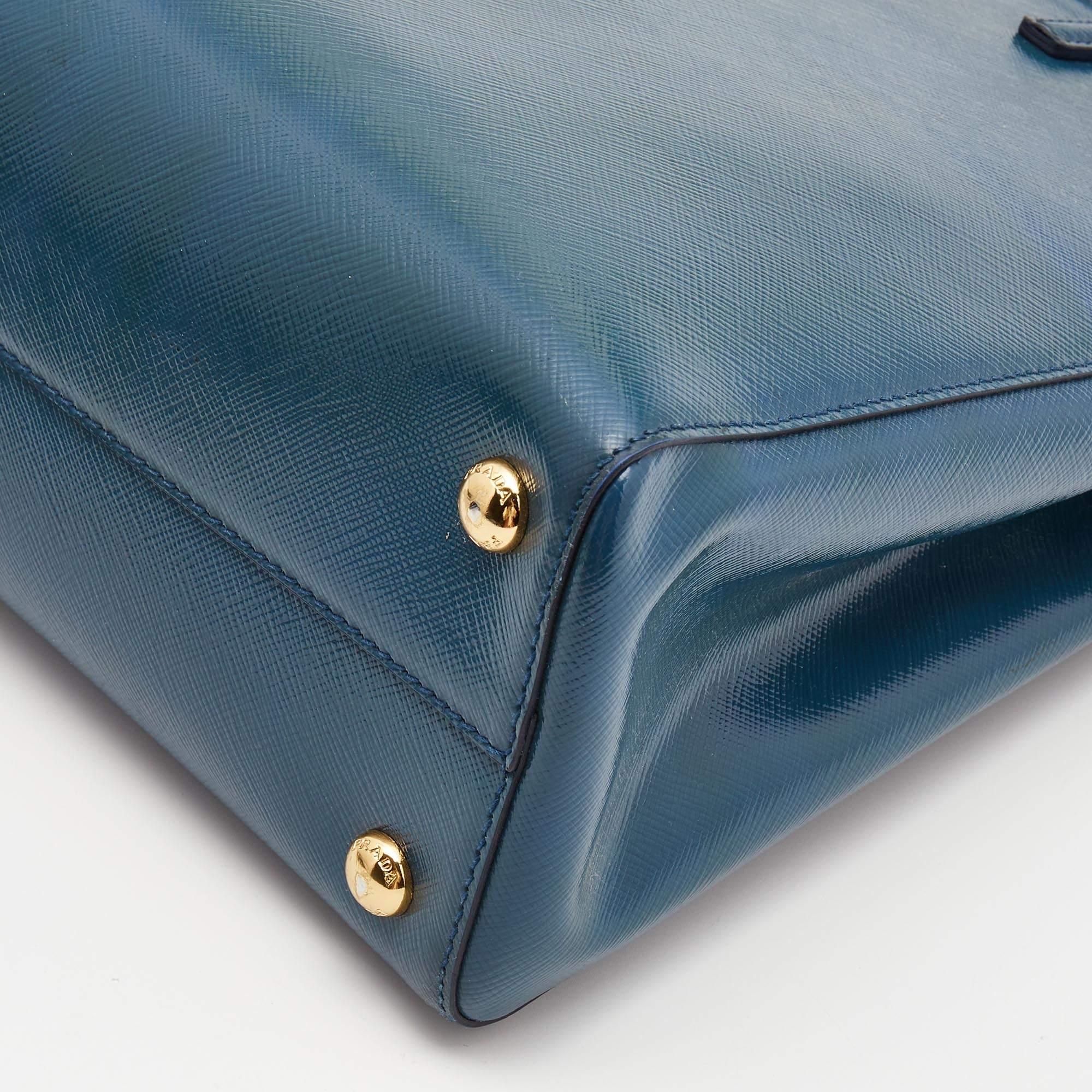 Prada Teal Blue Saffiano Vernice Leather Parabole Tote 2