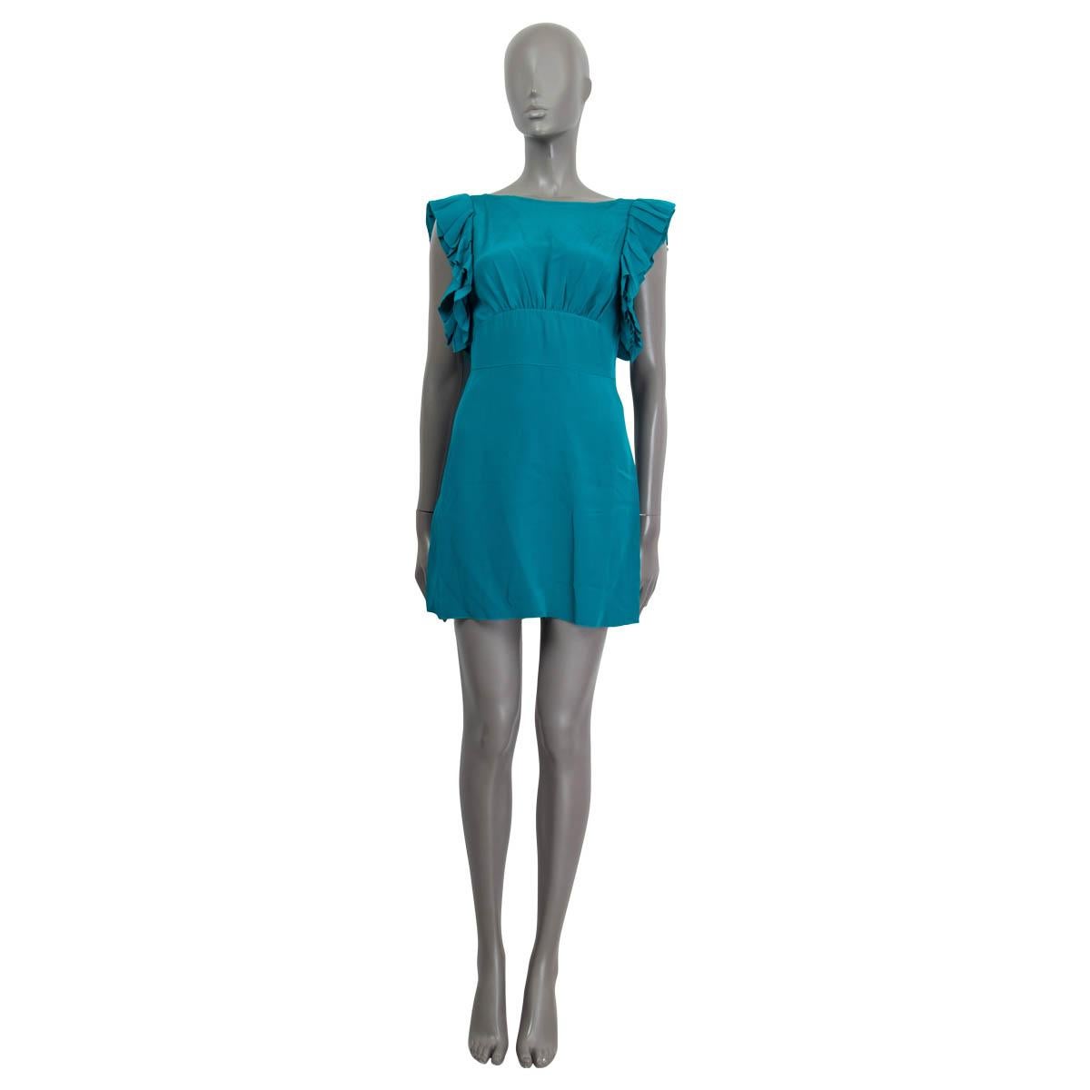 100% authentic Prada mini dress in teal blue silk (100%). Embellished with ruffle-sleeves and a scoop back. Opens with a concealed zipper and a hook on the side. Unlined. Has been worn and is in excellent condition.

Measurements
Tag