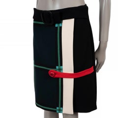 PRADA teal blue wool 2011 BELTED PRINTED Skirt 44 L