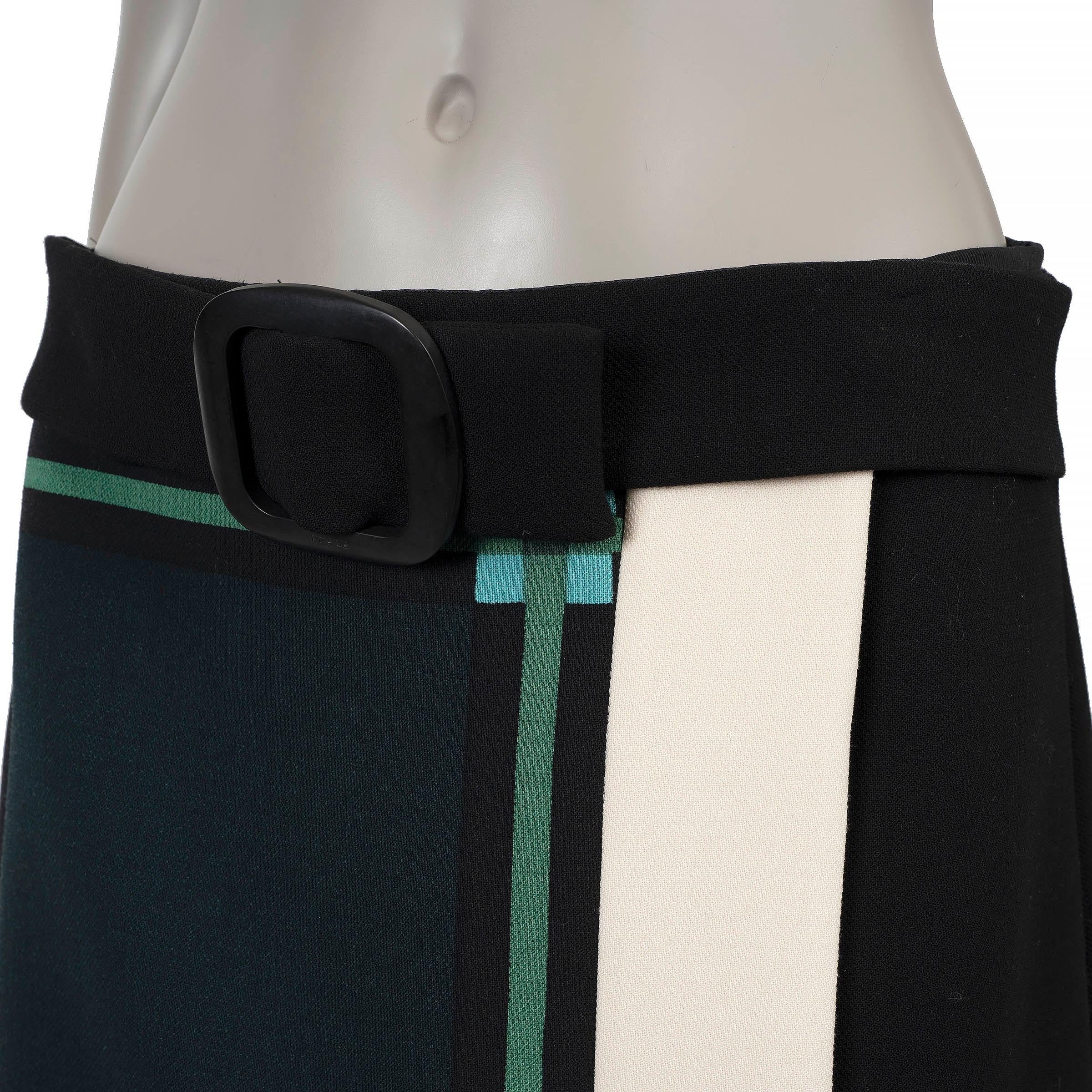 PRADA blaugrüner Wollrock 2011 BELTED PRINTED Rock 44 L Damen im Angebot