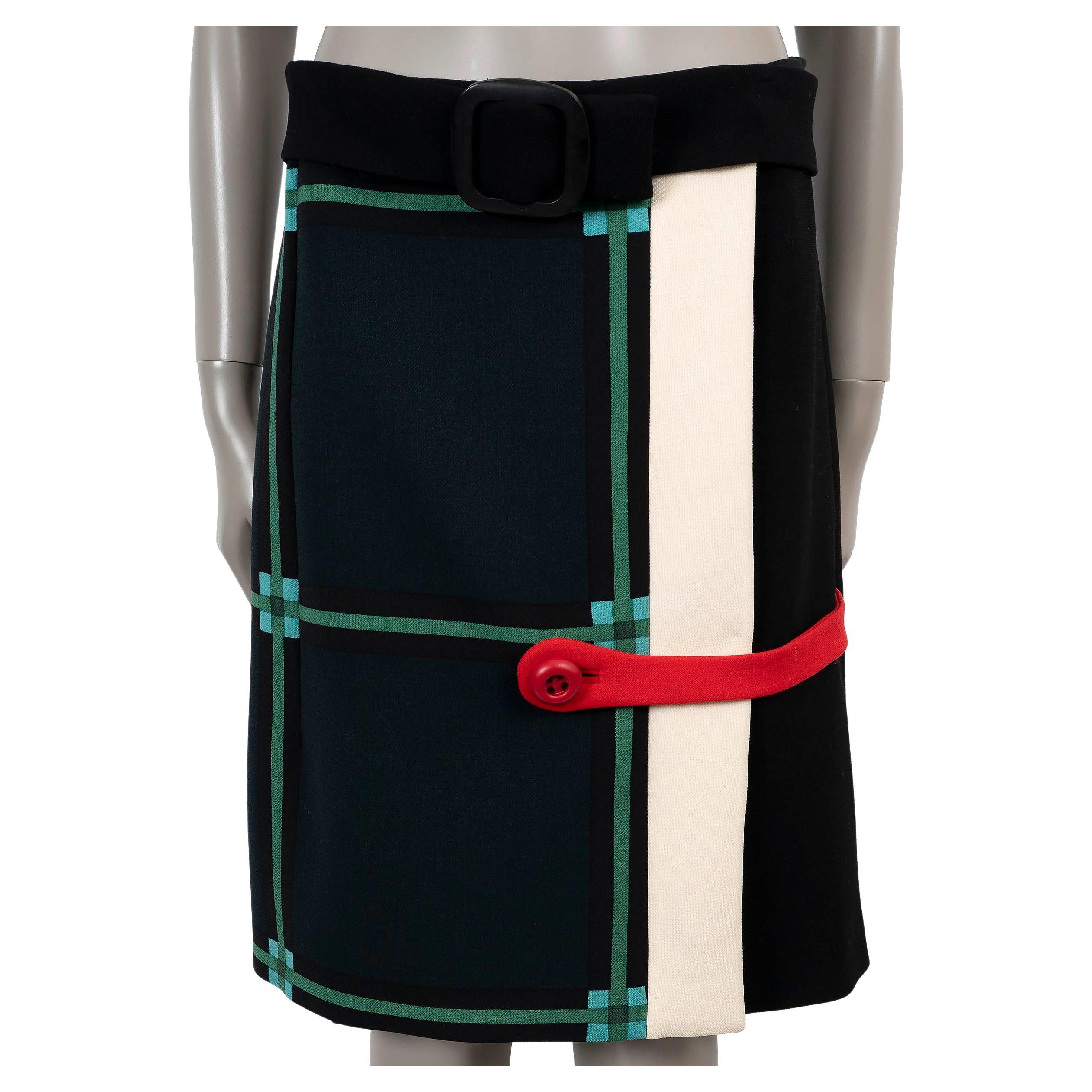 PRADA teal blue wool 2011 BELTED PRINTED Skirt 44 L