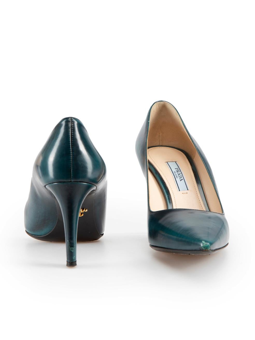 Prada Teal Brush-Off Leather Pointed Toe Pumps Size IT 36.5 In Good Condition In London, GB