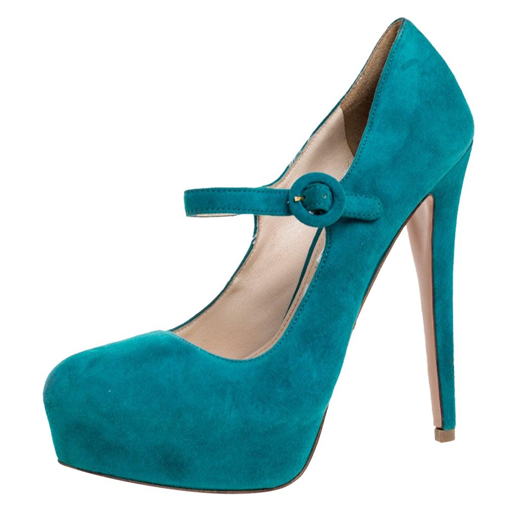 Prada Teal Suede Mary Jane Platform Pumps Size 37