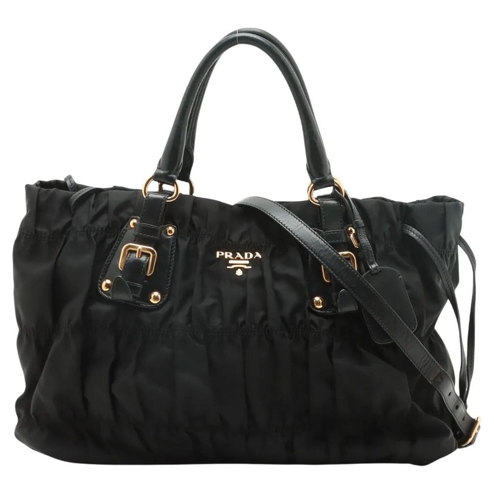 Prada Tessuto Gaufre Nylon Leather Two-Way Handbag Black im Angebot