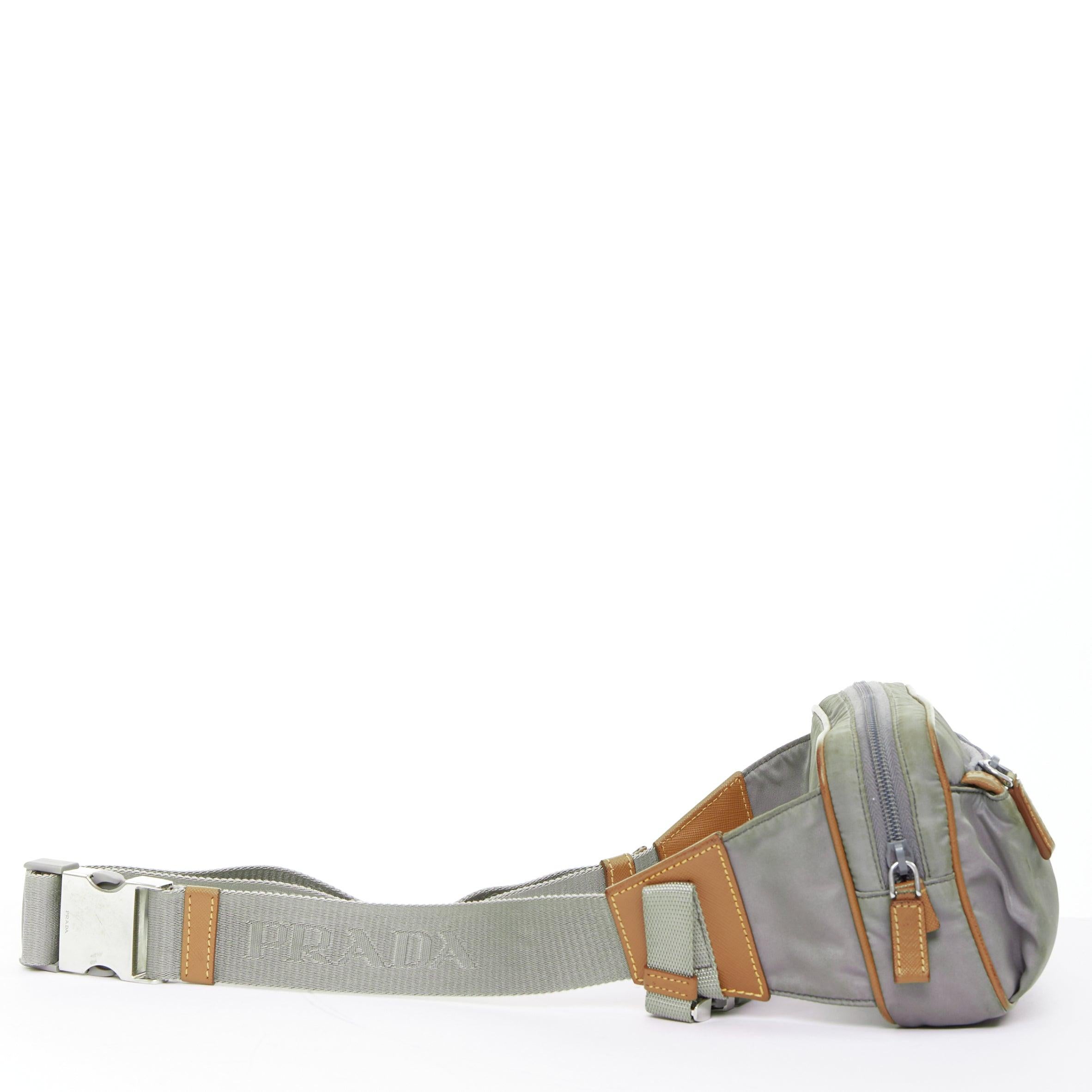 Gris PRADA Sac à ceinture Tessuto Montagna en nylon gris et cuir marron avec logo en vente
