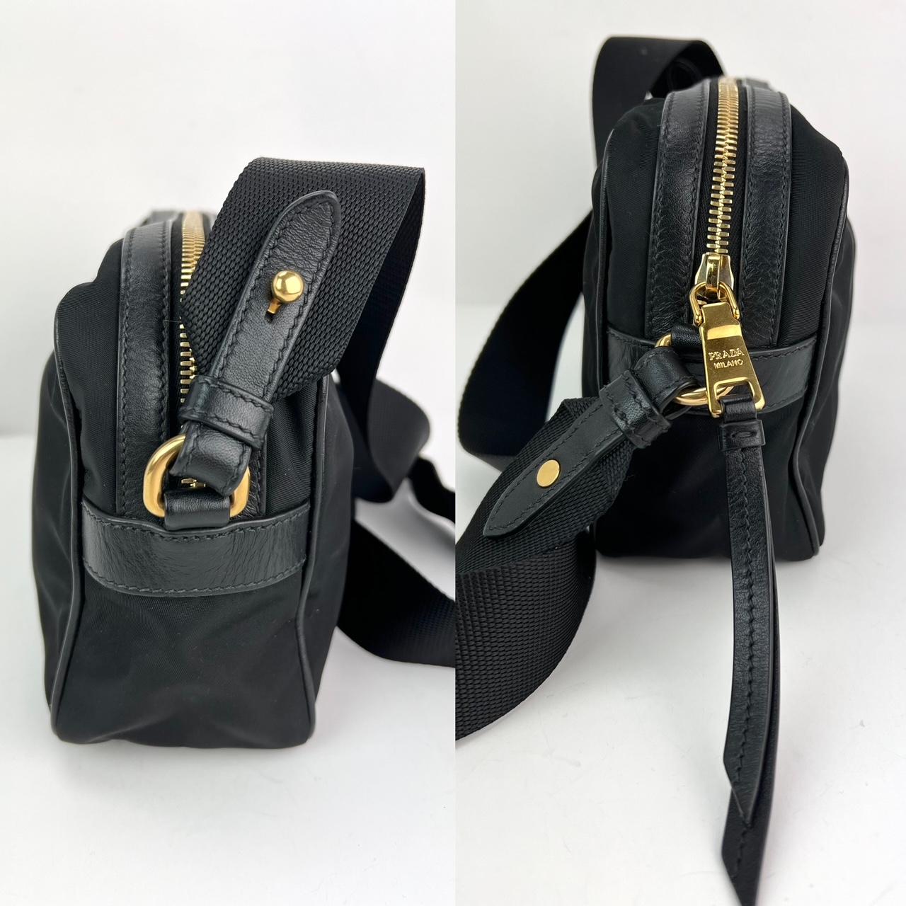 Pre-Owned  100% Authentic
Prada Tessuto Nylon Bandoliera Black Crossbody Camera Bag 
RATING: A/B...Very Good, well maintained, 
shows minor signs of wear
MATERIAL: nylon, canvas, leather
STRAP: black adjustable canvas with leather