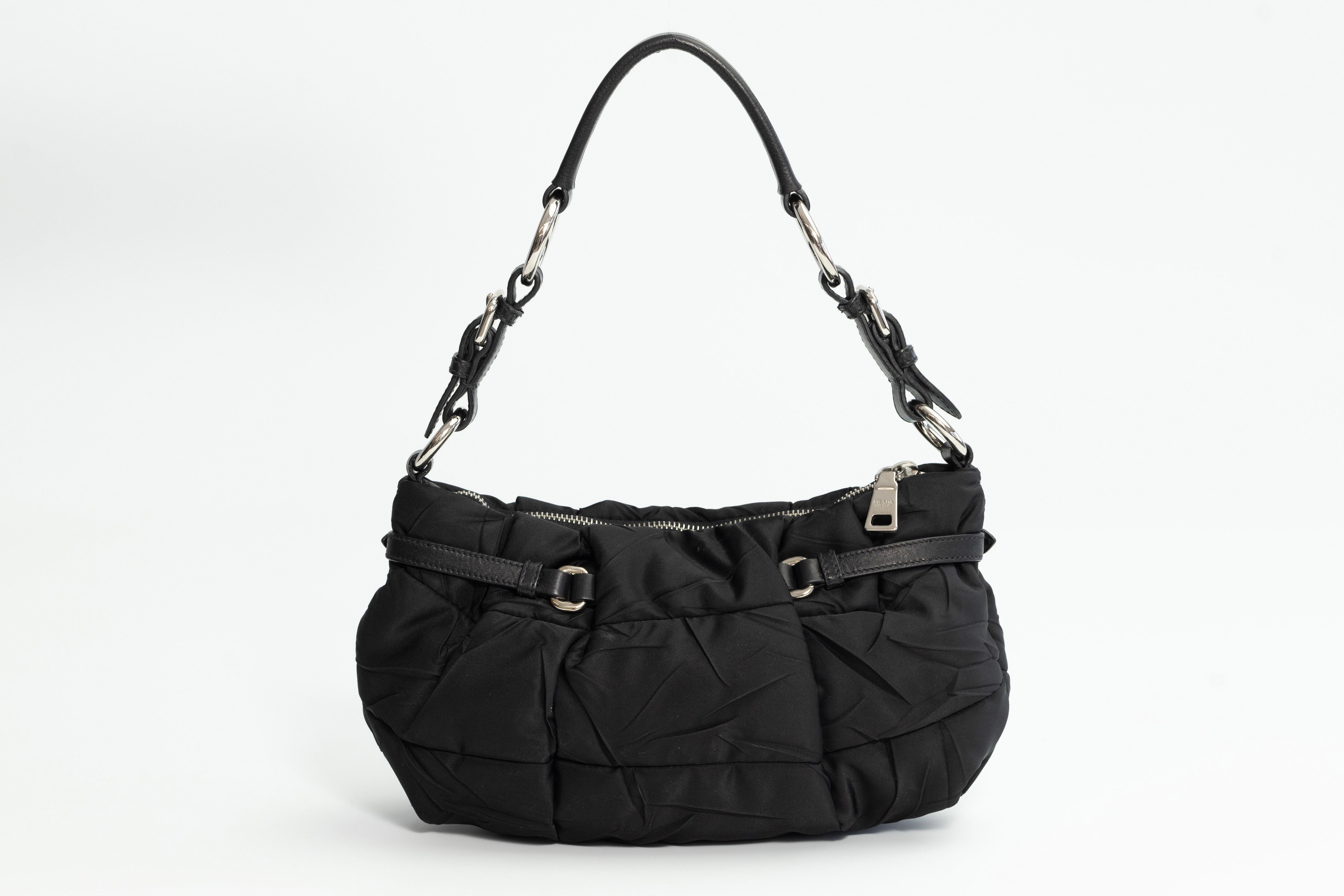 Women's Prada Tessuto Nylon Black Quilted Buckle Hobo Bag