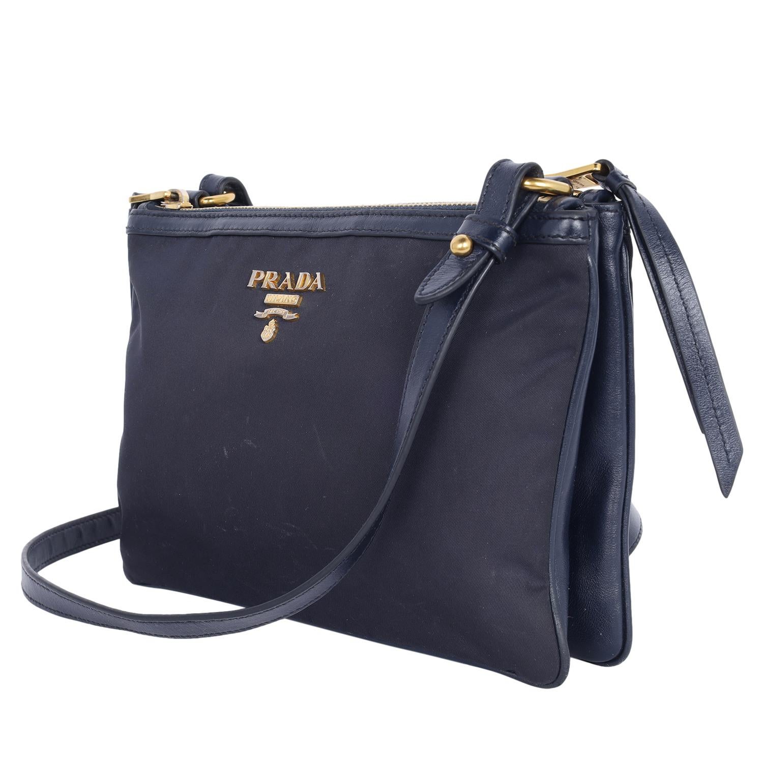 Prada Tessuto Nylon Blue Double Zip Calf Leather Crossbody Bag For Sale 6