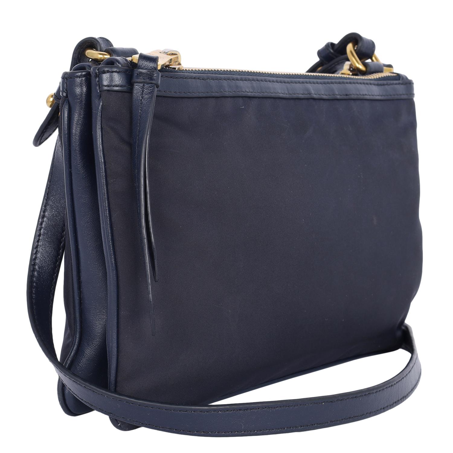 Prada Tessuto Nylon Blue Double Zip Calf Leather Crossbody Bag For Sale 8