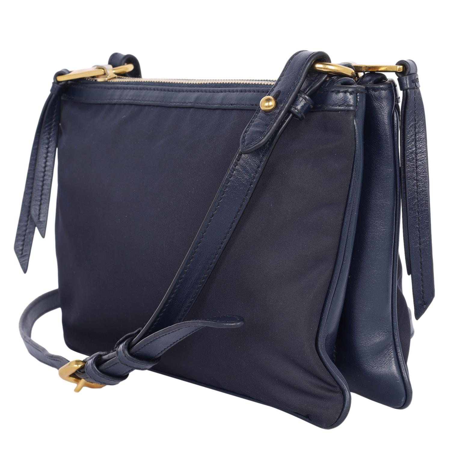 Prada Tessuto Nylon Blue Double Zip Calf Leather Crossbody Bag For Sale 9
