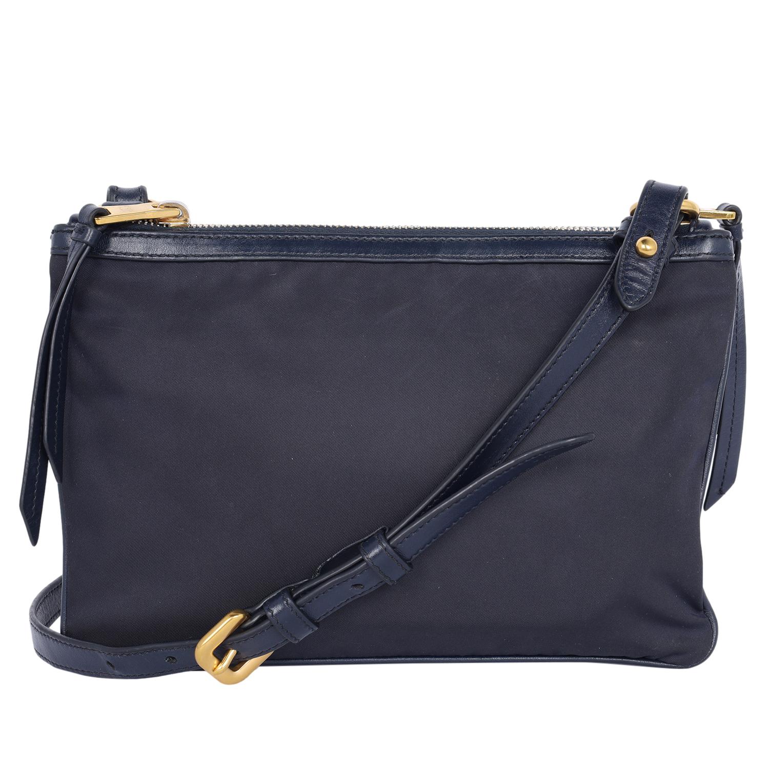 Women's or Men's Prada Tessuto Nylon Blue Double Zip Calf Leather Crossbody Bag For Sale