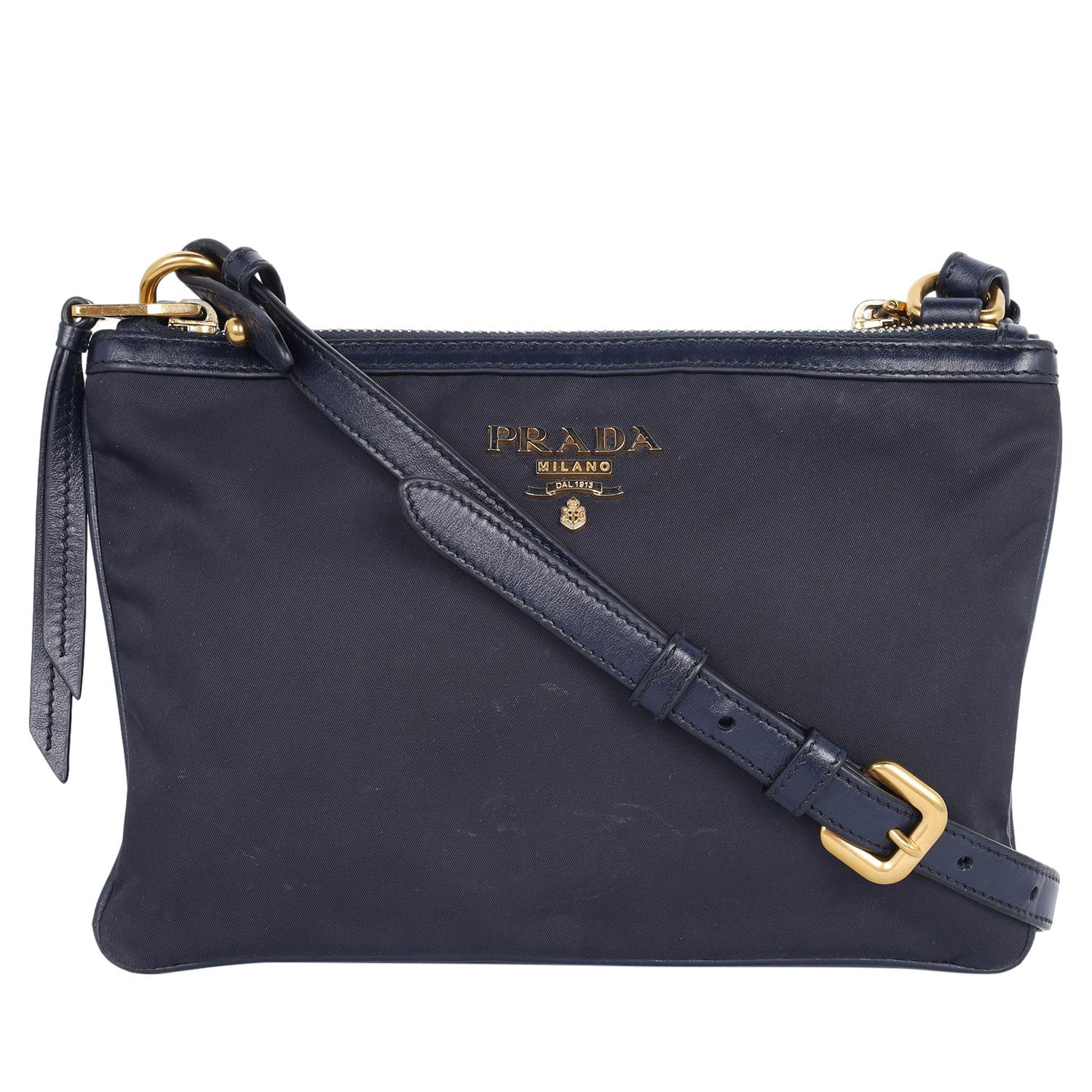Prada Tessuto Nylon Blue Double Zip Calf Leather Crossbody Bag For Sale 4